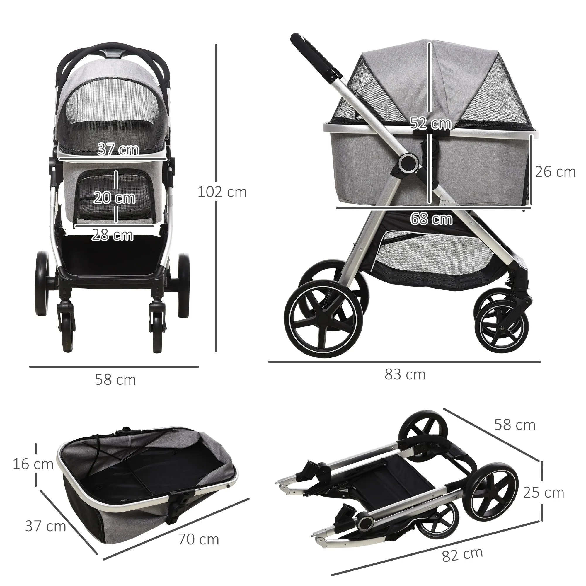 3 in 1 One-Click Foldable Pet Stroller, Detachable Dog Cat Travel Pushchair, Car Seat w/ EVA Wheels, Basket, Adjustable Canopy, Safety Leash, Cushion, for Small Pets - Grey