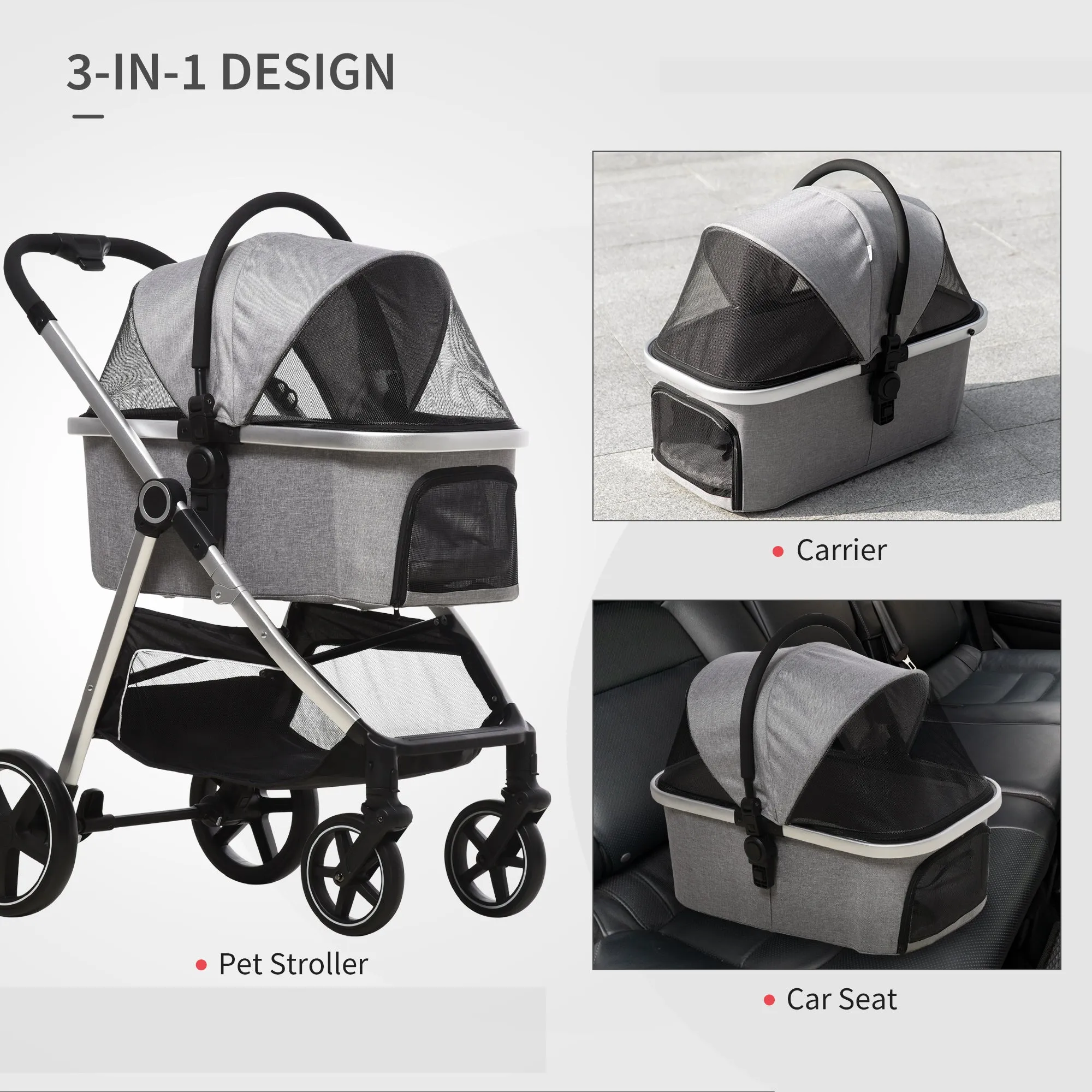 3 in 1 One-Click Foldable Pet Stroller, Detachable Dog Cat Travel Pushchair, Car Seat w/ EVA Wheels, Basket, Adjustable Canopy, Safety Leash, Cushion, for Small Pets - Grey