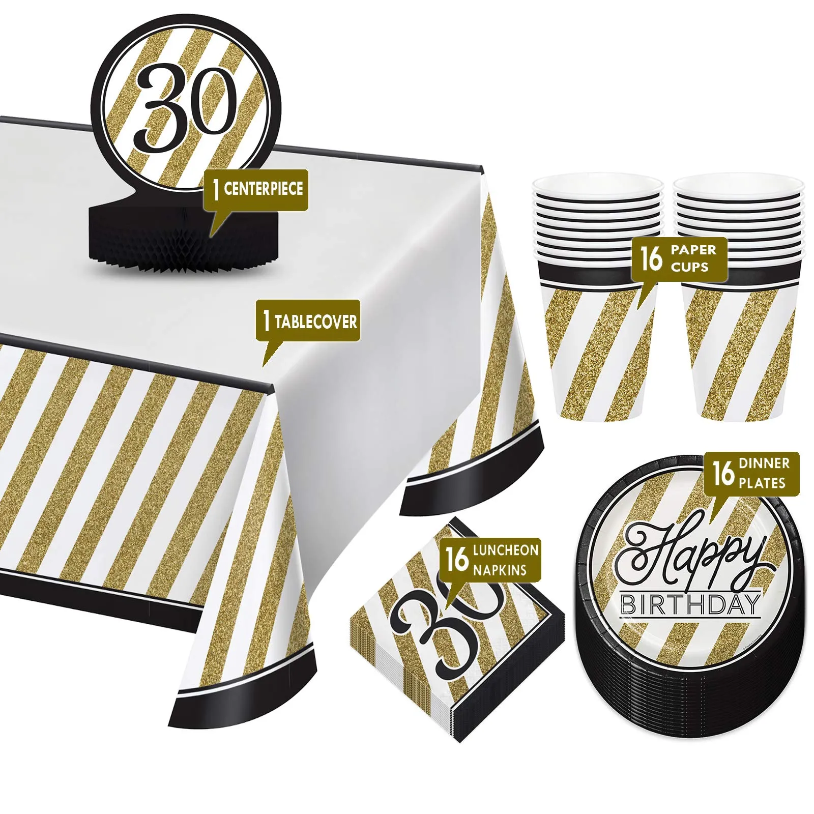 30th Milestone Birthday and Anniversary Party Supplies (Black and Gol Plates (Serves 16)