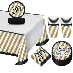 30th Milestone Birthday and Anniversary Party Supplies (Black and Gol Plates (Serves 16)