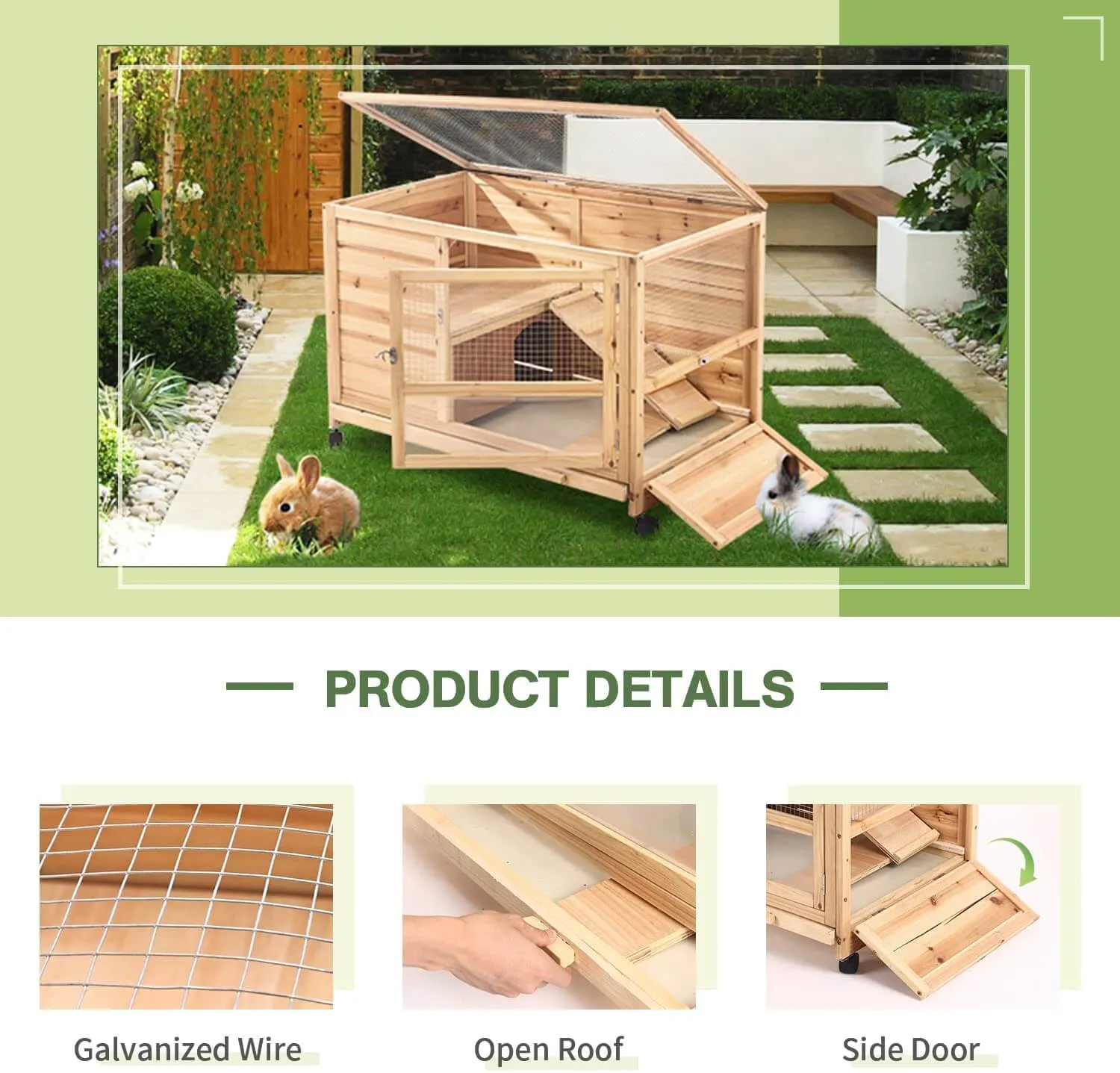 36" Indoor and Outdoor Wooden Rabbit Hutch, Cage, w/Removable Tray, Safety Lock, Galvanized Mesh Wires, Access Ramps