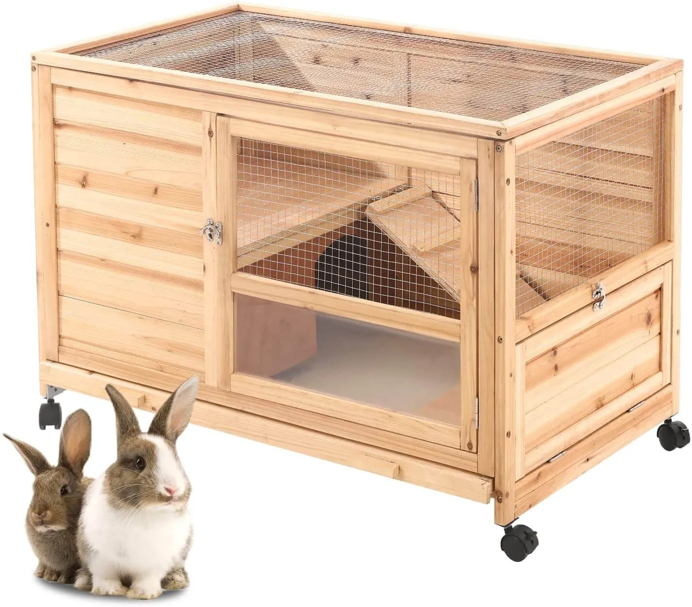 36" Indoor and Outdoor Wooden Rabbit Hutch, Cage, w/Removable Tray, Safety Lock, Galvanized Mesh Wires, Access Ramps