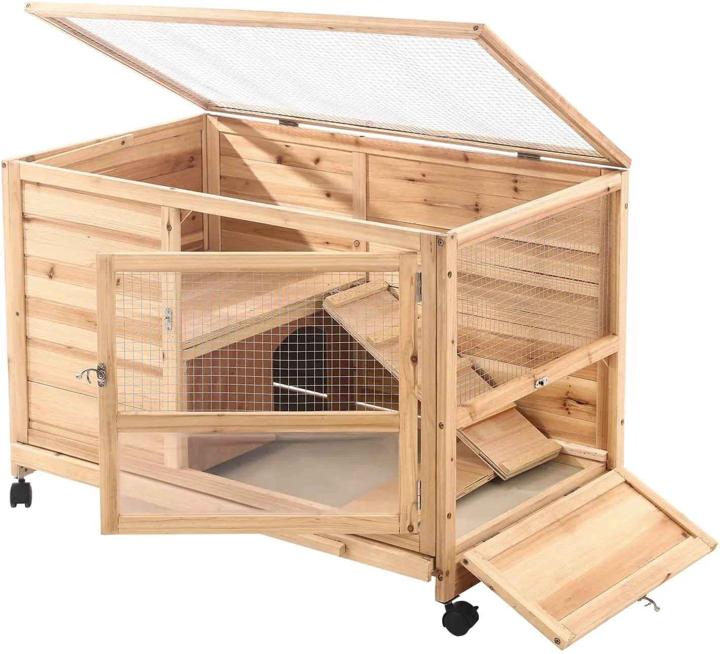 36" Indoor and Outdoor Wooden Rabbit Hutch, Cage, w/Removable Tray, Safety Lock, Galvanized Mesh Wires, Access Ramps