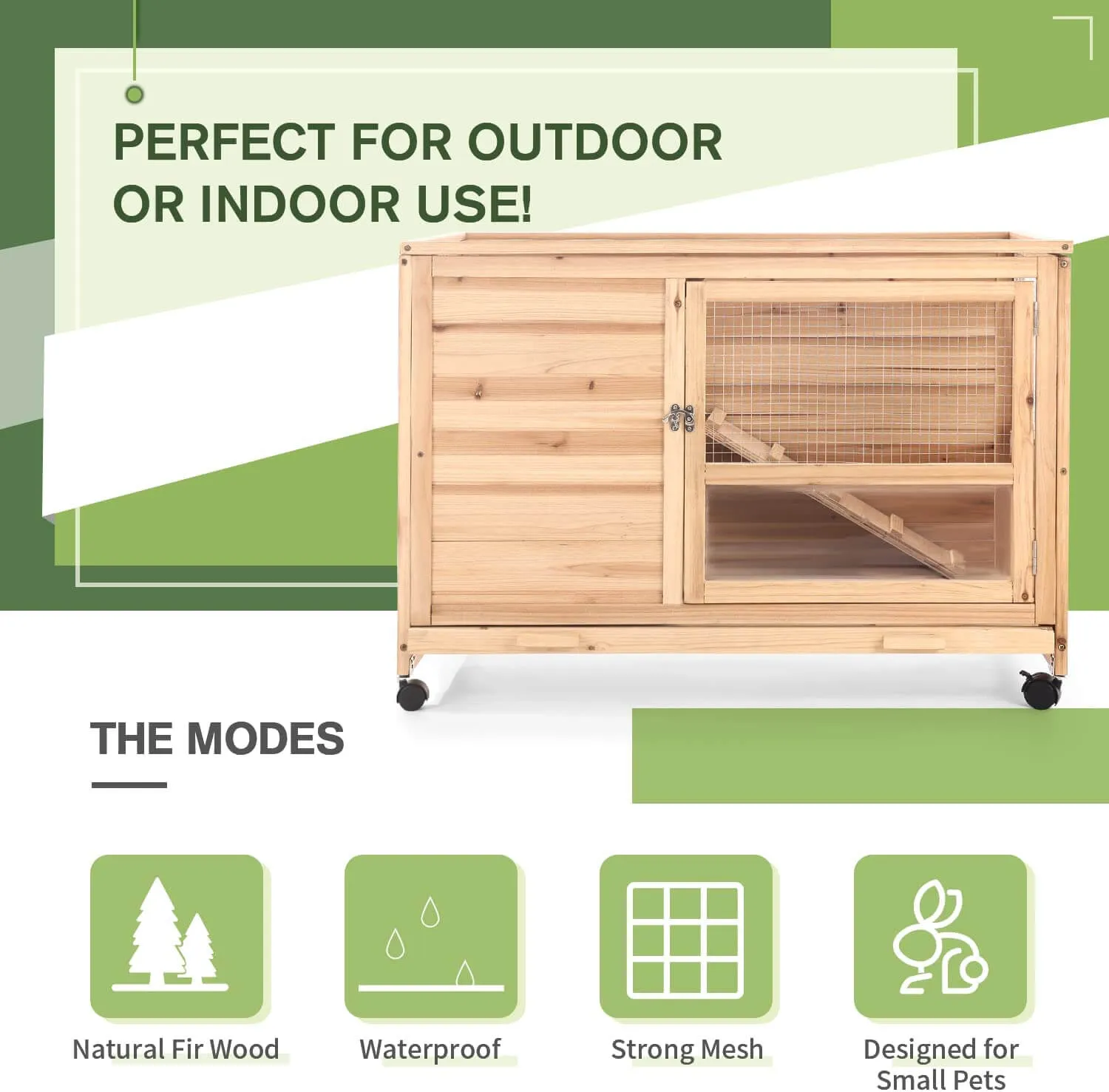 36" Indoor and Outdoor Wooden Rabbit Hutch, Cage, w/Removable Tray, Safety Lock, Galvanized Mesh Wires, Access Ramps