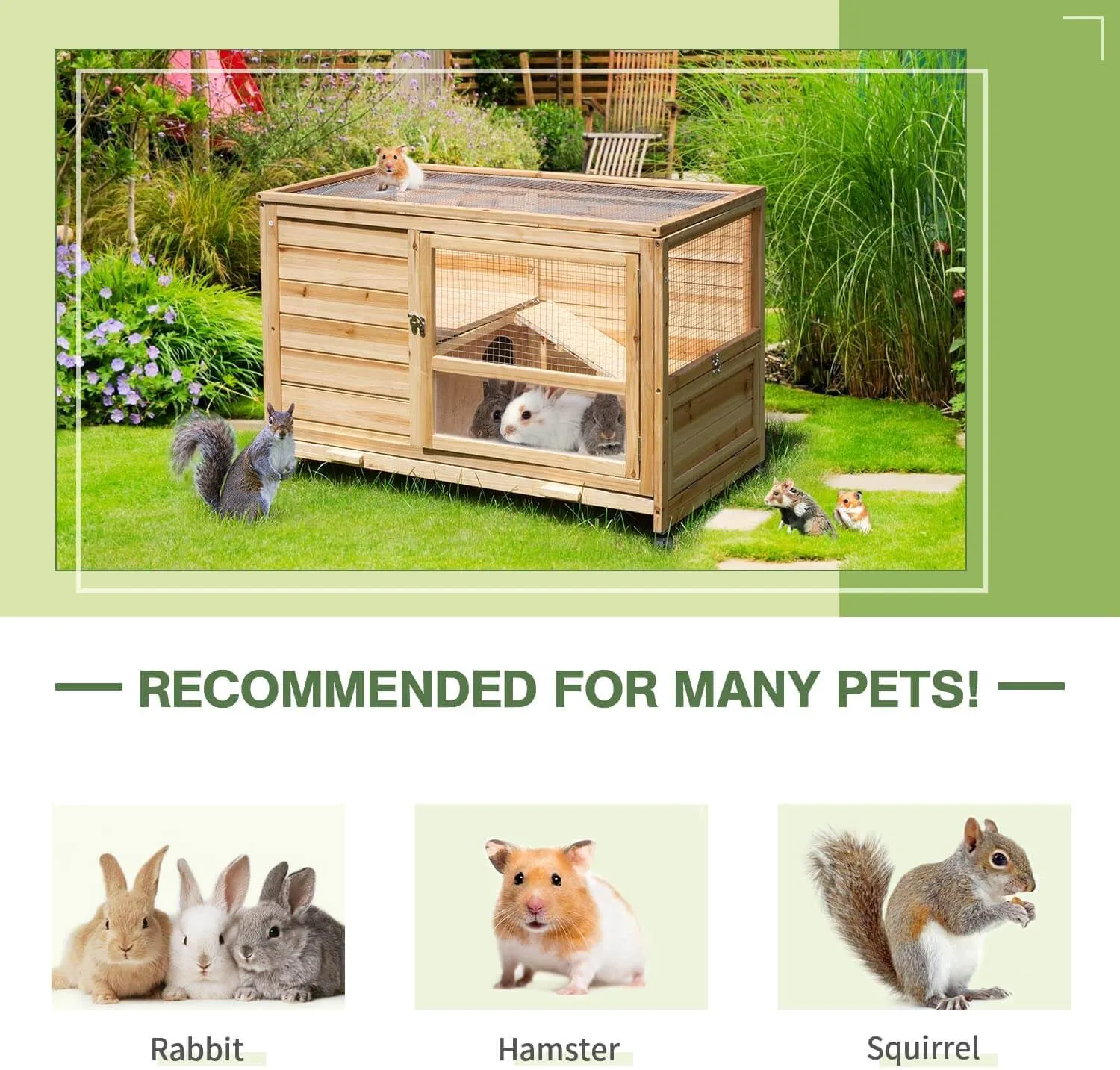 36" Indoor and Outdoor Wooden Rabbit Hutch, Cage, w/Removable Tray, Safety Lock, Galvanized Mesh Wires, Access Ramps