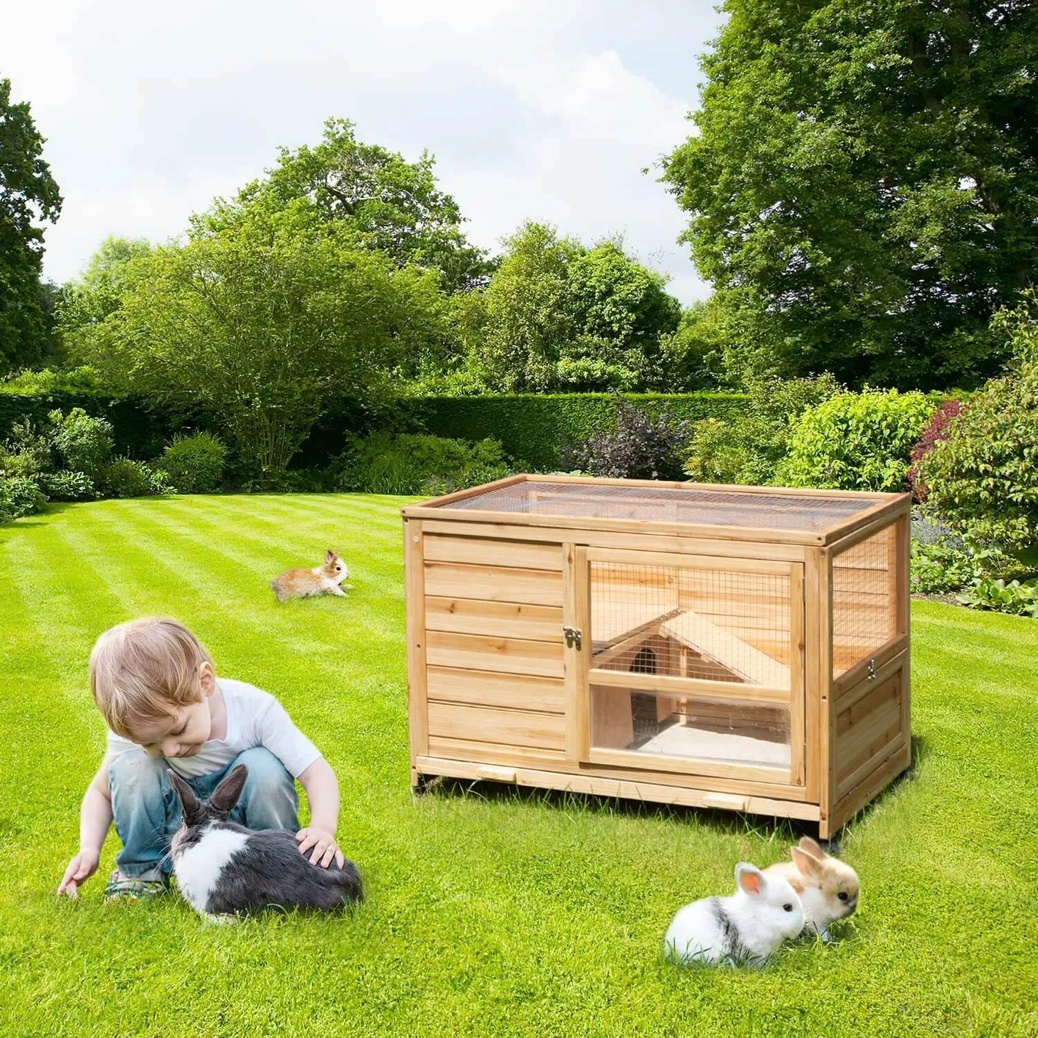 36" Indoor and Outdoor Wooden Rabbit Hutch, Cage, w/Removable Tray, Safety Lock, Galvanized Mesh Wires, Access Ramps