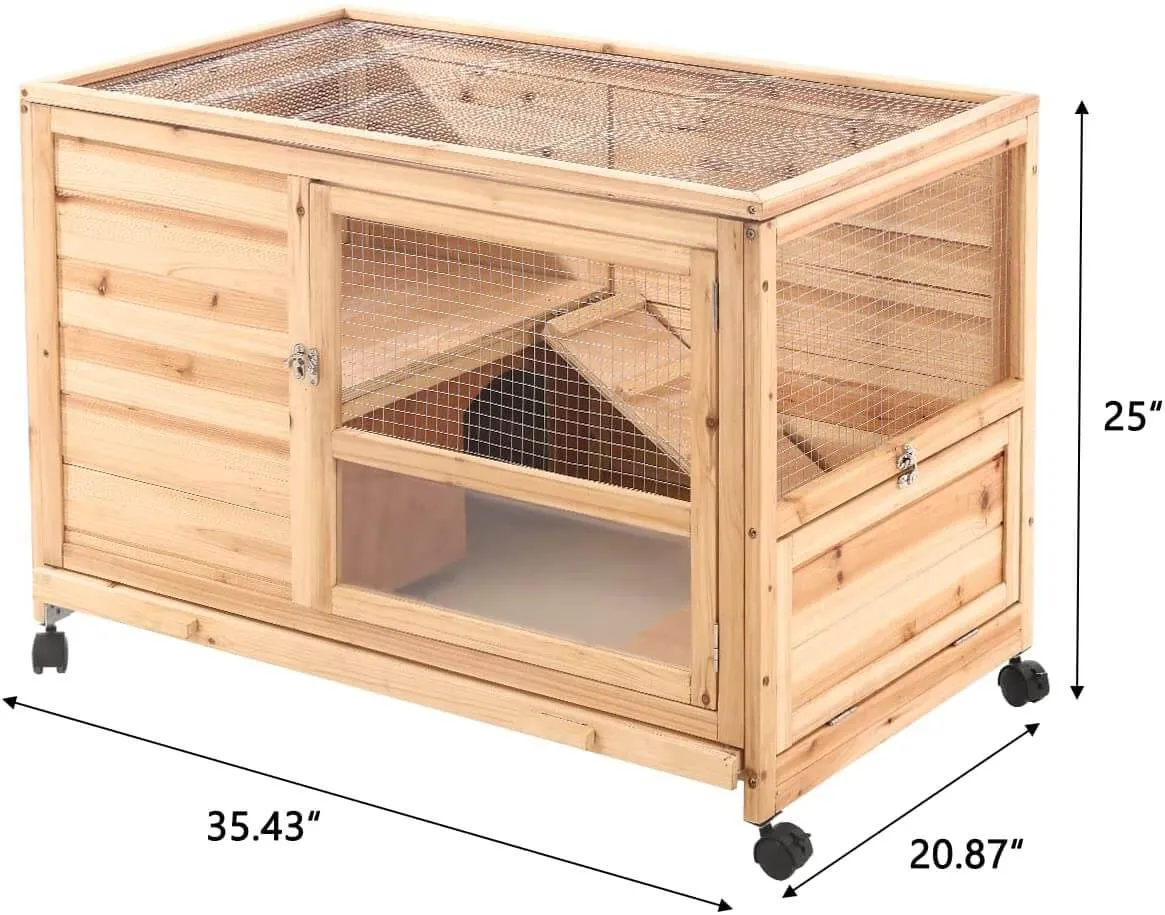 36" Indoor and Outdoor Wooden Rabbit Hutch, Cage, w/Removable Tray, Safety Lock, Galvanized Mesh Wires, Access Ramps