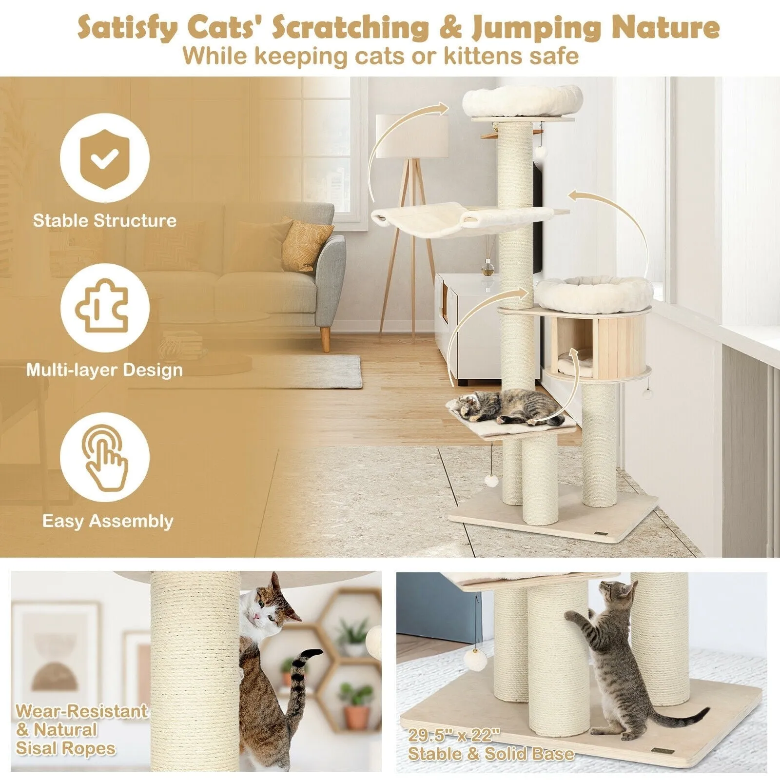 4-Layer 68.5" Wooden Cat Tree Condo Activity Tower - Natural