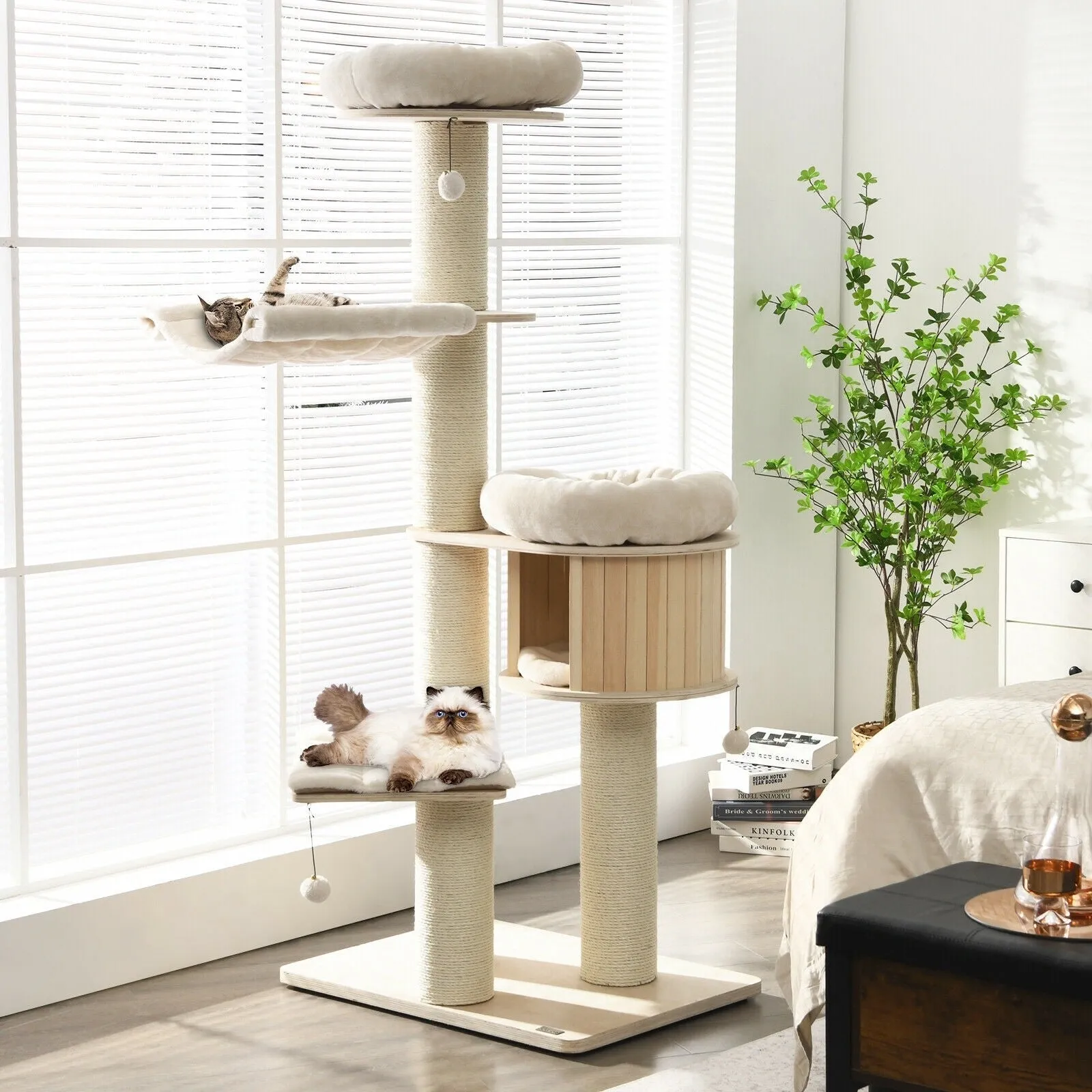 4-Layer 68.5" Wooden Cat Tree Condo Activity Tower - Natural