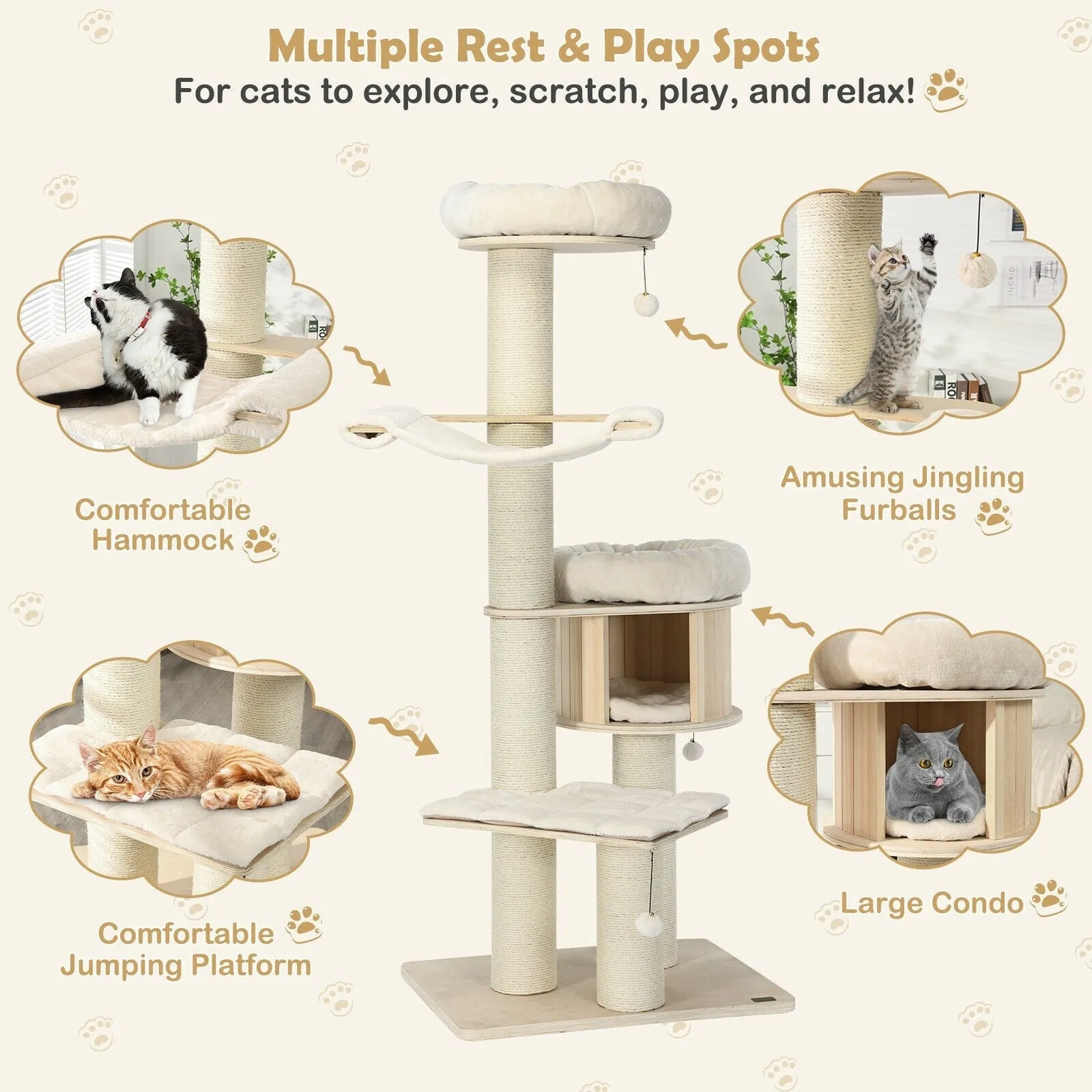 4-Layer 68.5" Wooden Cat Tree Condo Activity Tower - Natural