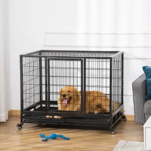 43" Heavy Duty Metal Dog Crate Pet Cage with Tray Wheeled Dog Kennel - Black (Large)