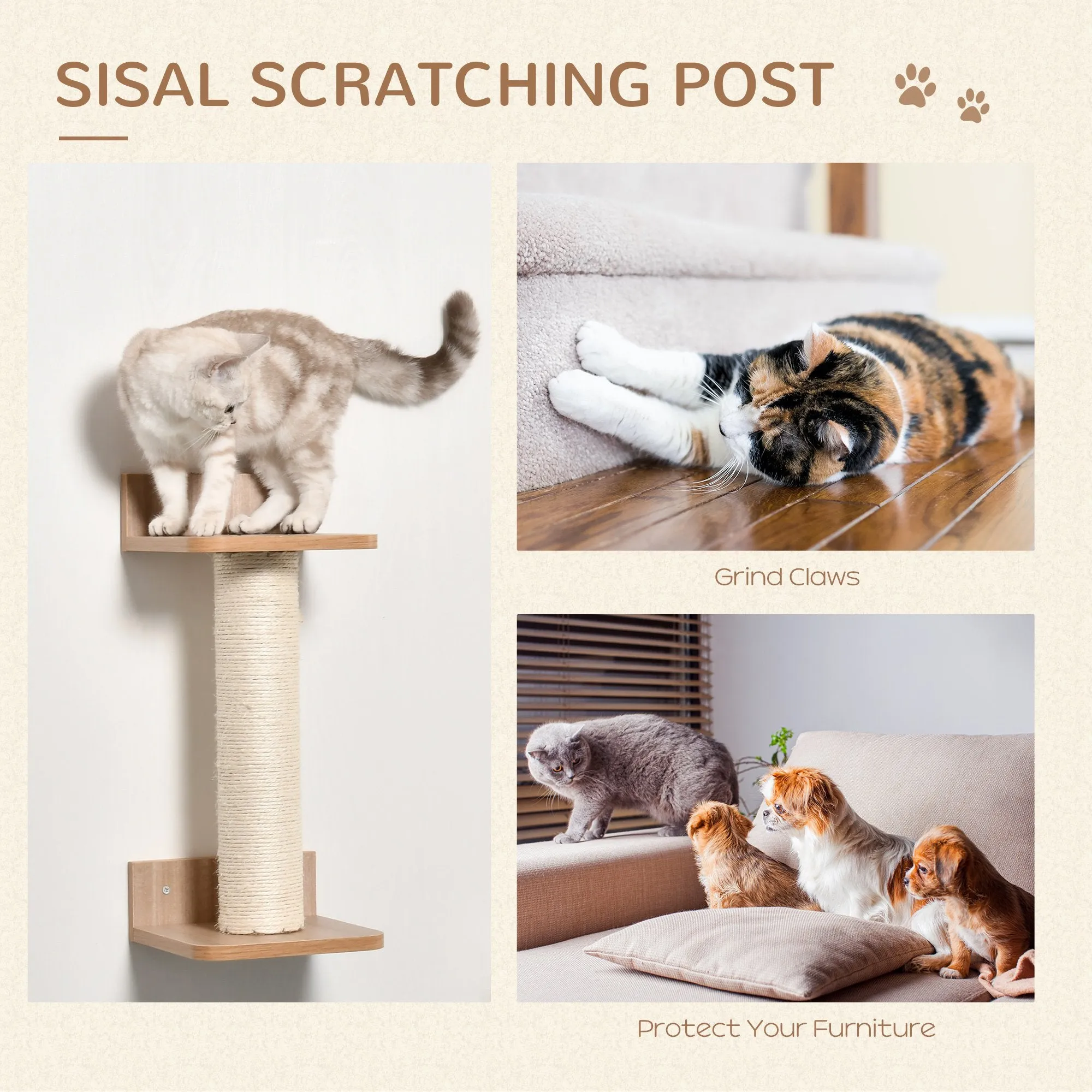 4PCs Wall-mounted Cats Climbing Shelf Set Cat Tree Kitten Perch Activity Center with Hammock Scratching Post Jumping Platform Brown