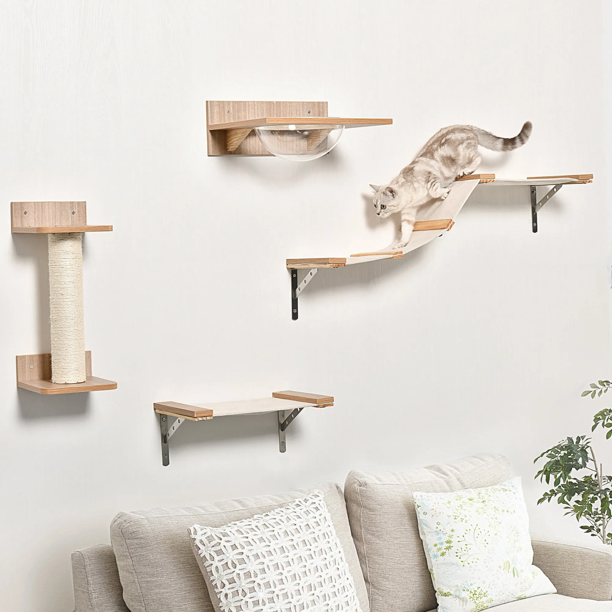 4PCs Wall-mounted Cats Climbing Shelf Set Cat Tree Kitten Perch Activity Center with Hammock Scratching Post Jumping Platform Brown