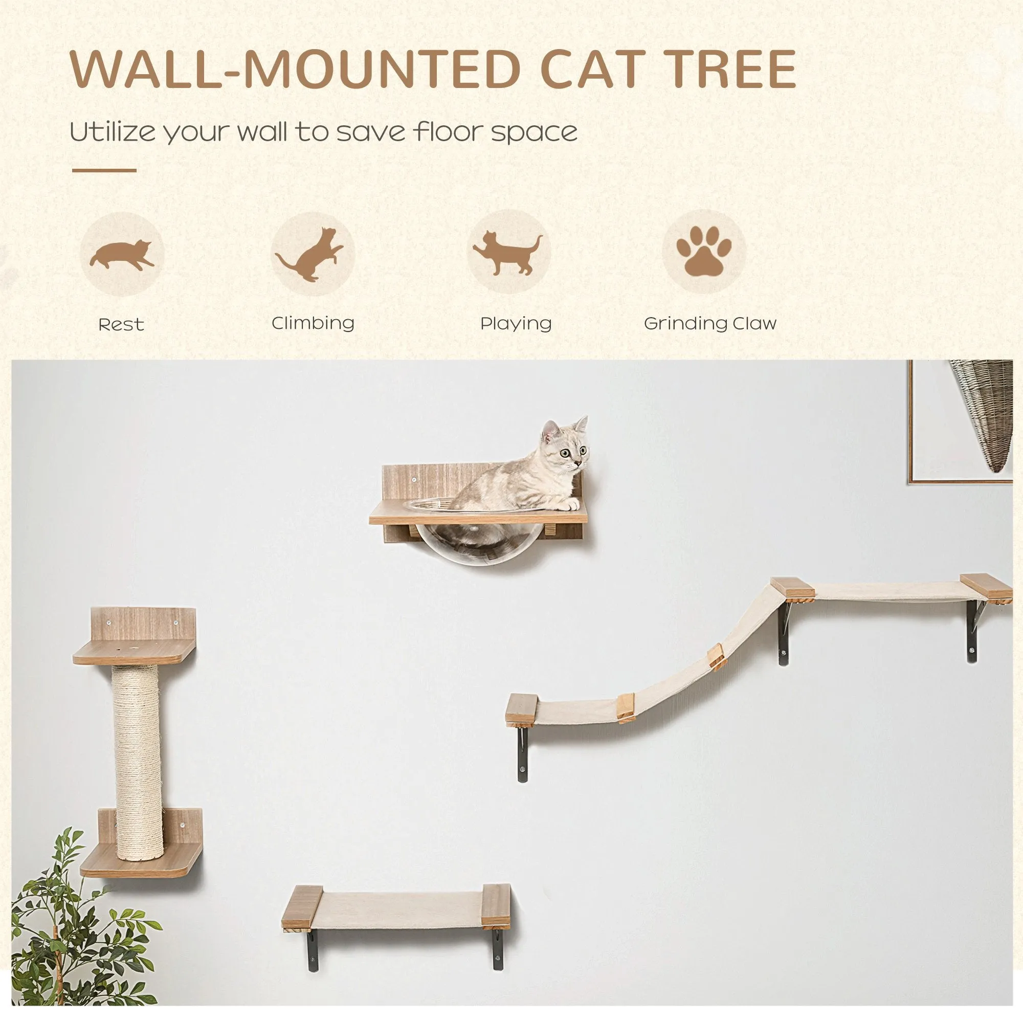 4PCs Wall-mounted Cats Climbing Shelf Set Cat Tree Kitten Perch Activity Center with Hammock Scratching Post Jumping Platform Brown