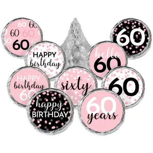 60th Birthday: Pink and Black - Adult Birthday - Party Favor Stickers - Fits on Hershey's Kisses - 180 Stickers