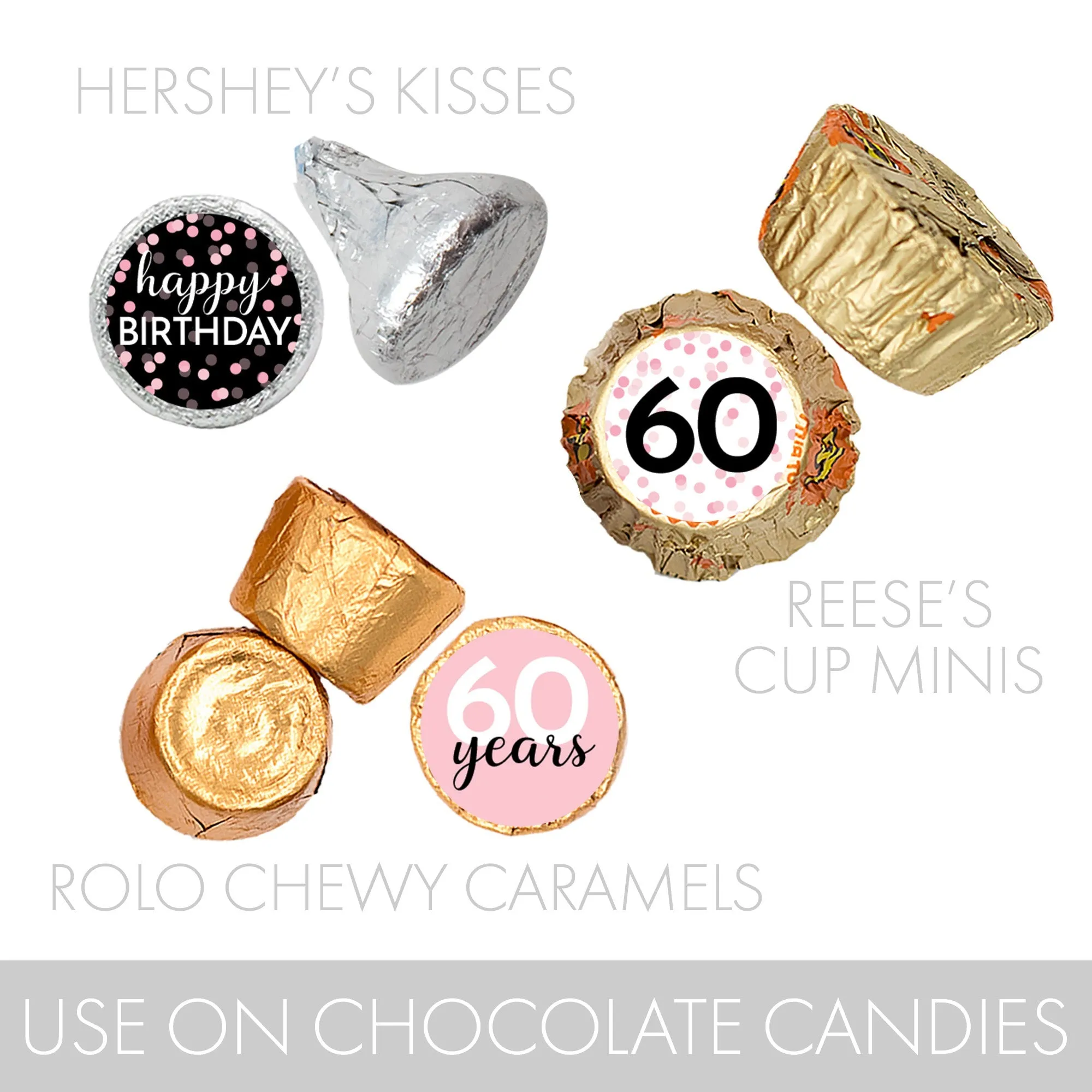 60th Birthday: Pink and Black - Adult Birthday - Party Favor Stickers - Fits on Hershey's Kisses - 180 Stickers