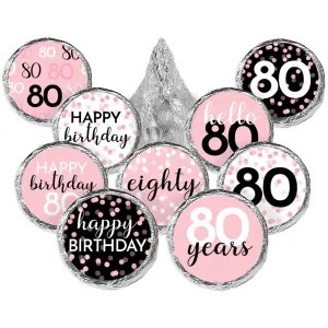 80th Birthday: Pink and Black - Adult Birthday - Party Favor Stickers - Fits on Hershey's Kisses - 180 Stickers