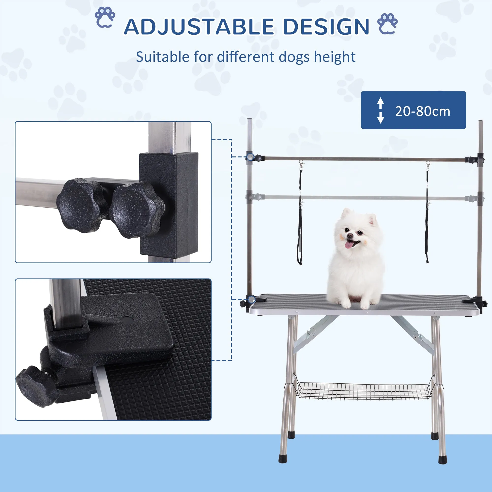 Adjustable Dog Grooming Table Rubber Top 2 Safety Slings Mesh Storage Basket Heavy Metal Black 107 x 60 x 170cm