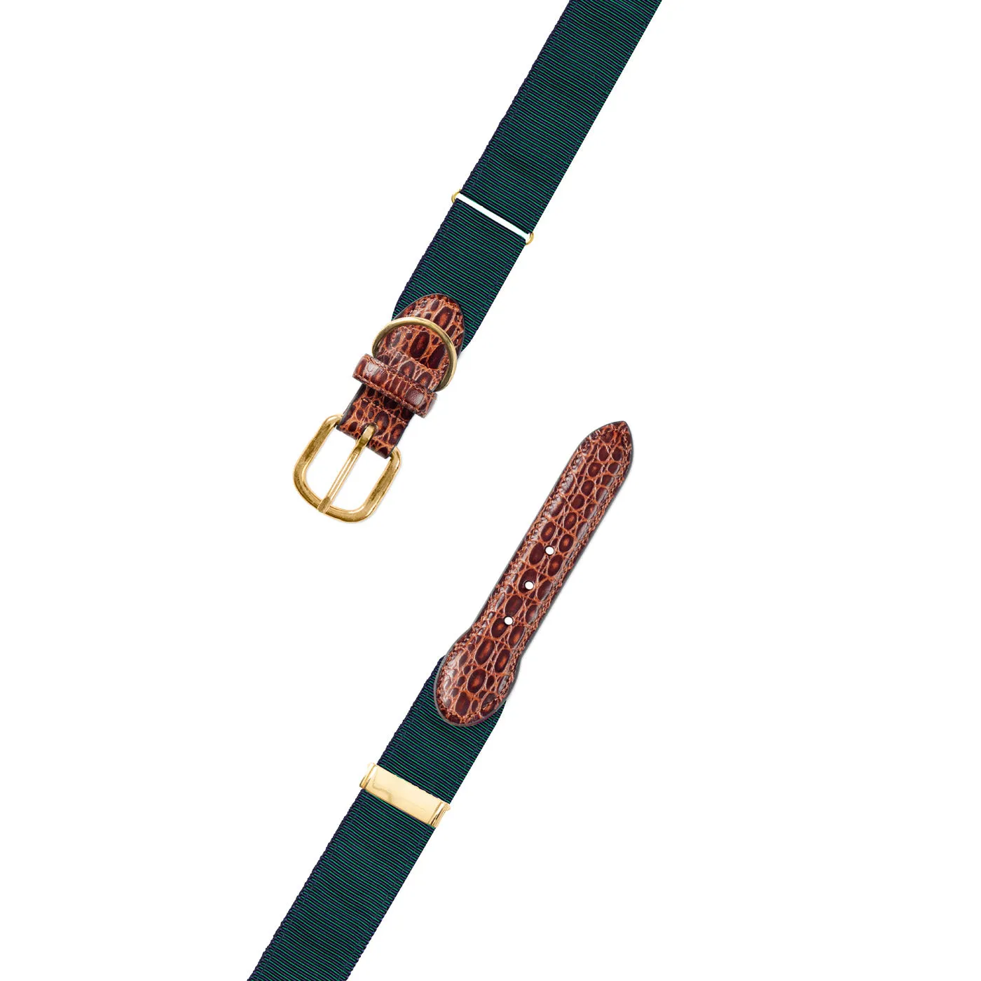 Adjustable Green & Navy Grosgrain Dog Collar with Embossed Calf Tabs