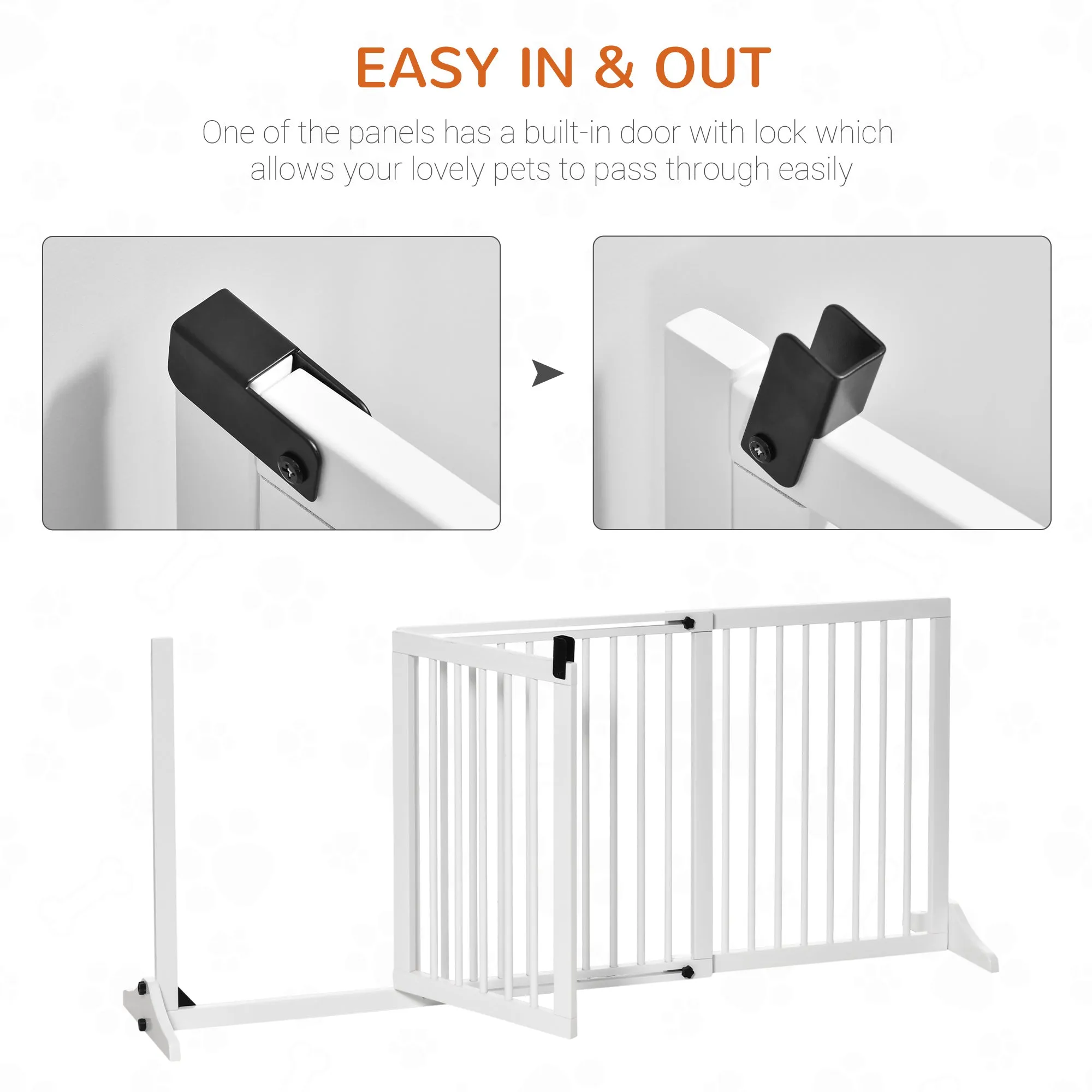 Adjustable Wooden Pet Gate Freestanding Dog Barrier Fence Doorway 3 Panels Safety Gate w/ Lockable Door White 71H x 113-166W cm