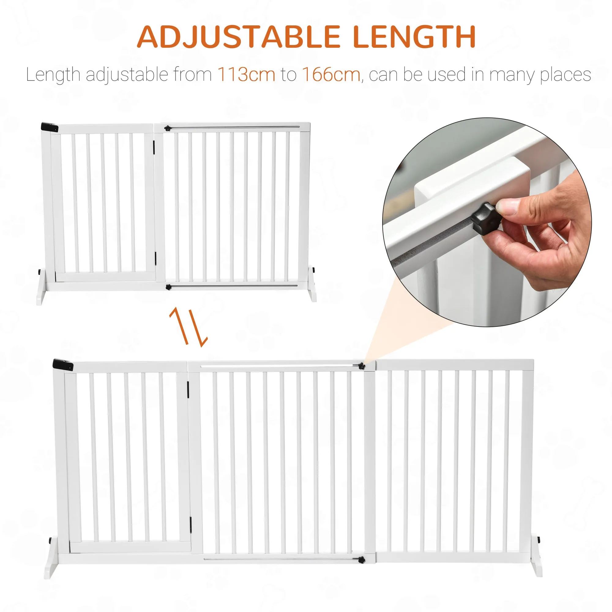 Adjustable Wooden Pet Gate Freestanding Dog Barrier Fence Doorway 3 Panels Safety Gate w/ Lockable Door White 71H x 113-166W cm