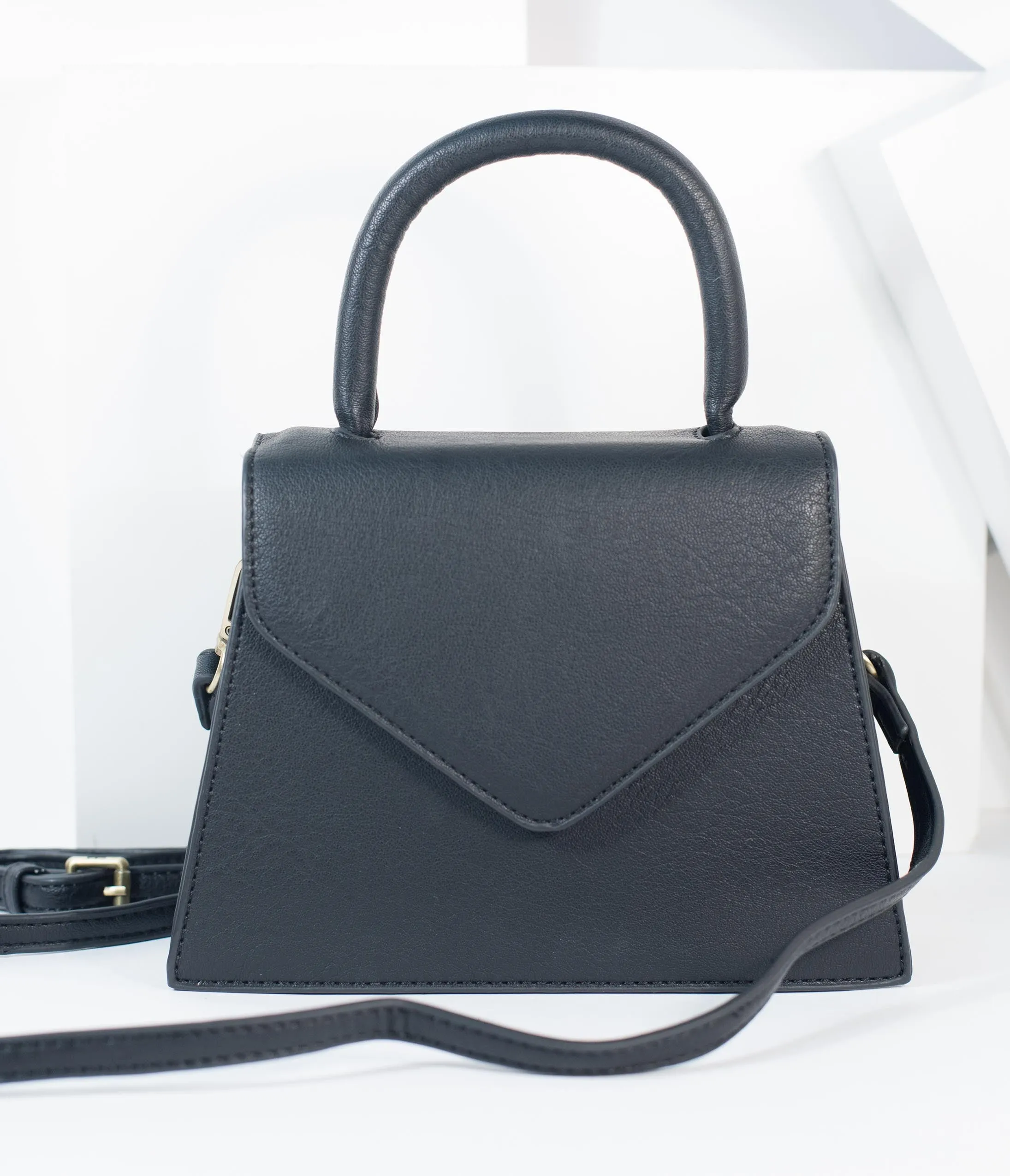 Black Leatherette Top Handle Structured Purse