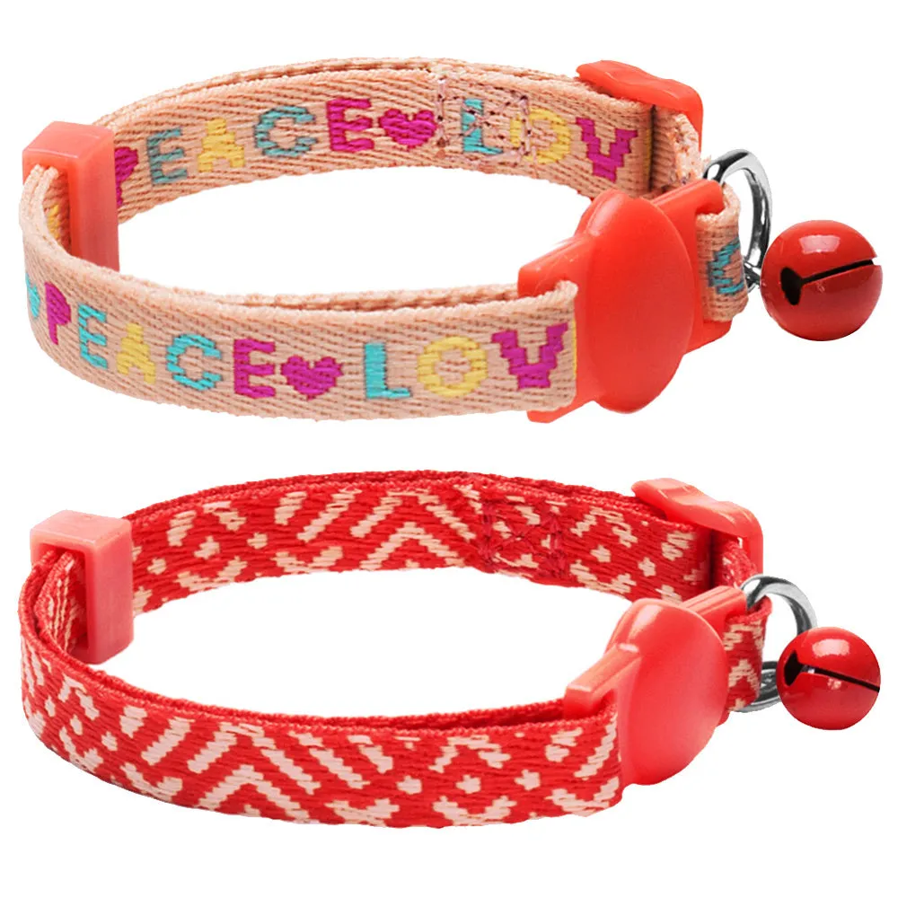 Blueberry Pet Love Peace Theme and Salmon Pink Geometry Adjustable Breakaway Cat Collar with Bell, 2 pack