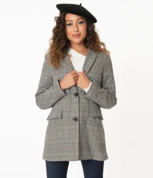 Charcoal Grey Glen Plaid Long Blazer