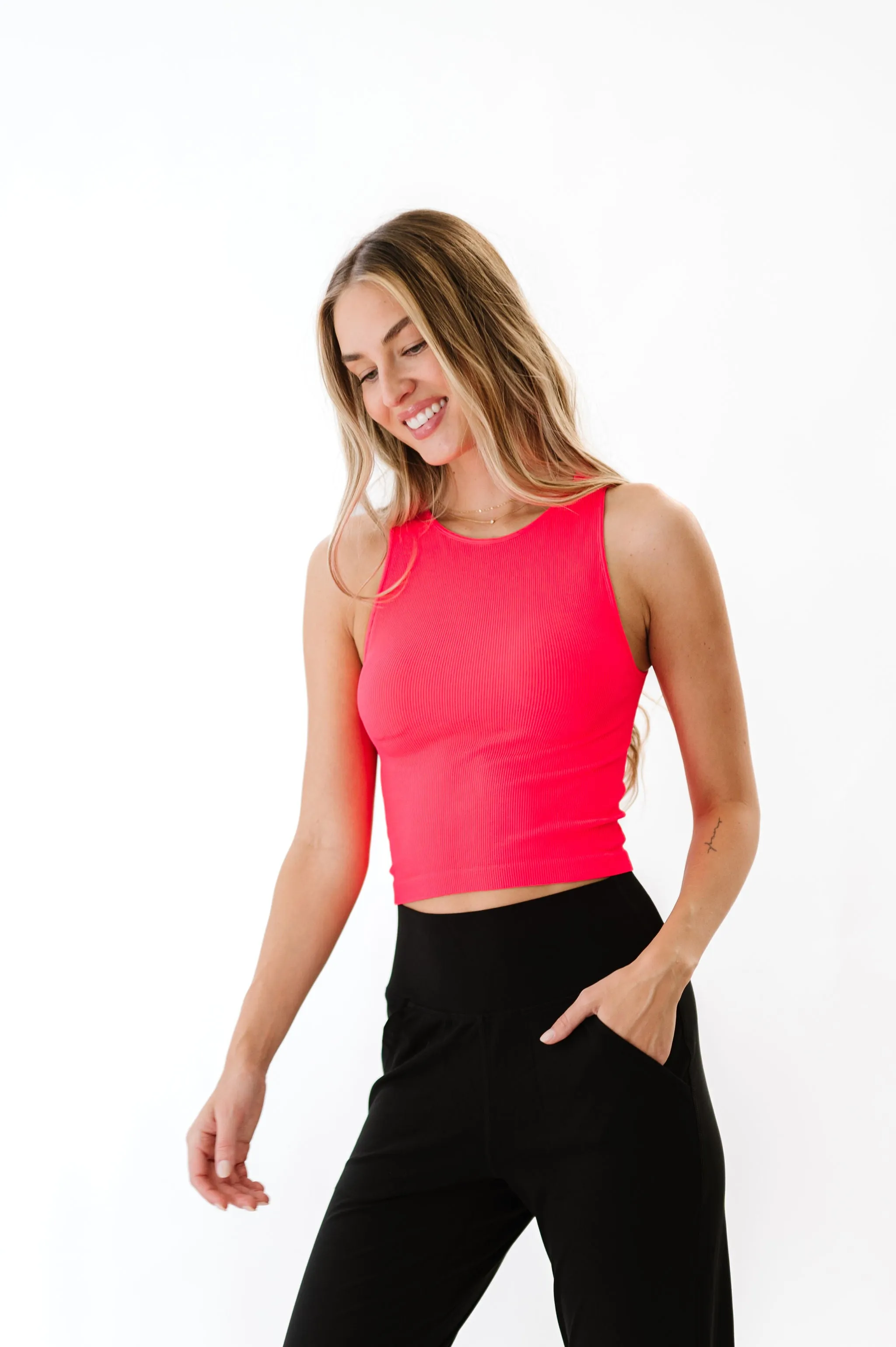 Cropped Ribbed High Neck - Neon Coral *RESTOCKED*