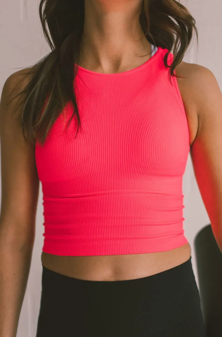 Cropped Ribbed High Neck - Neon Coral *RESTOCKED*