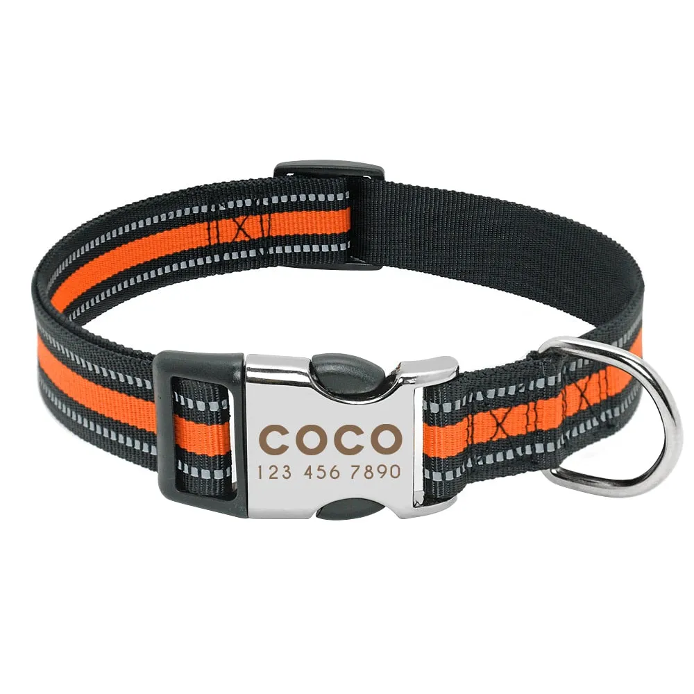 Custom Nylon Dog Collar with Engraved ID Reflective Tag