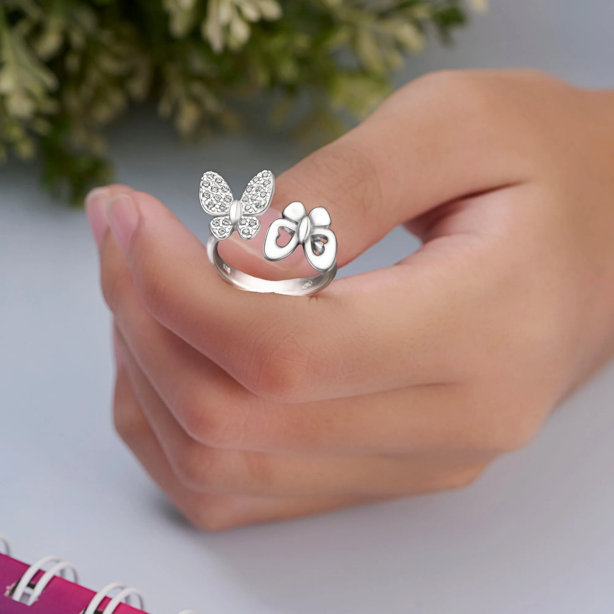 CZ Double Butterfly Ring Silver Adjustable