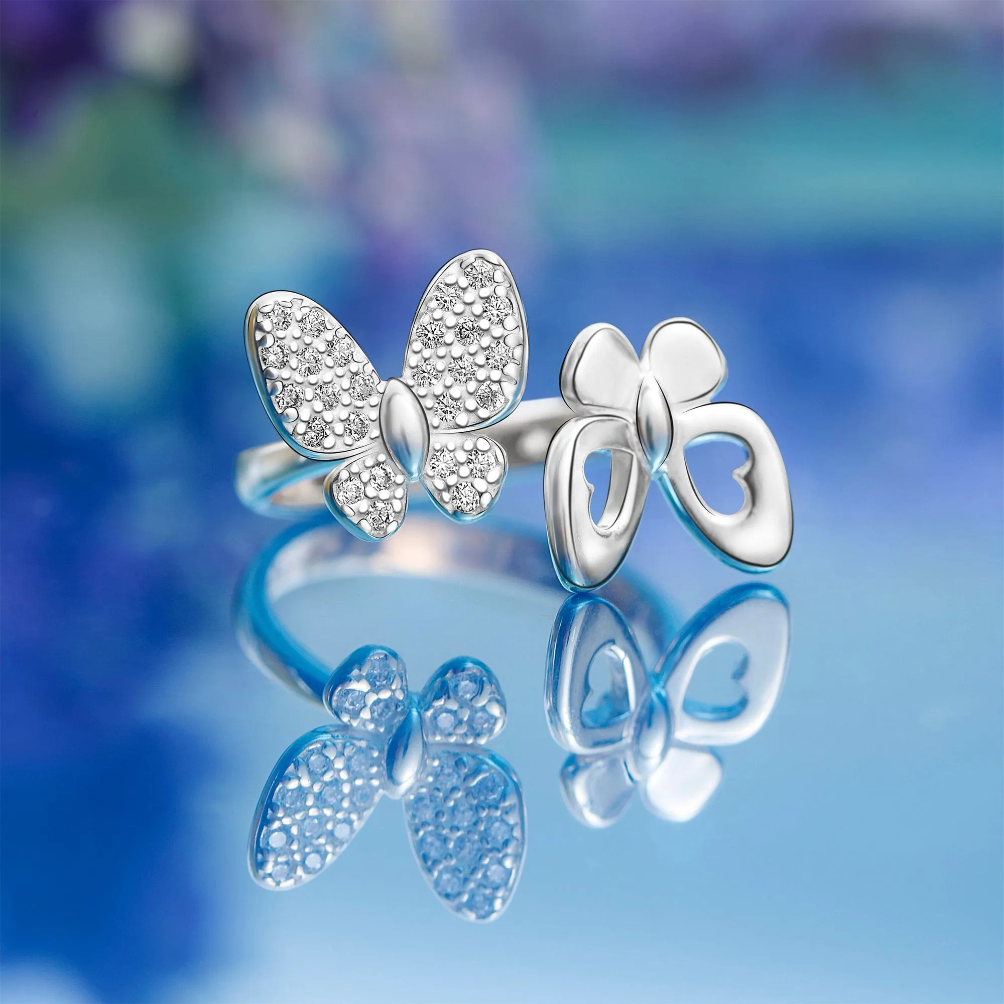 CZ Double Butterfly Ring Silver Adjustable