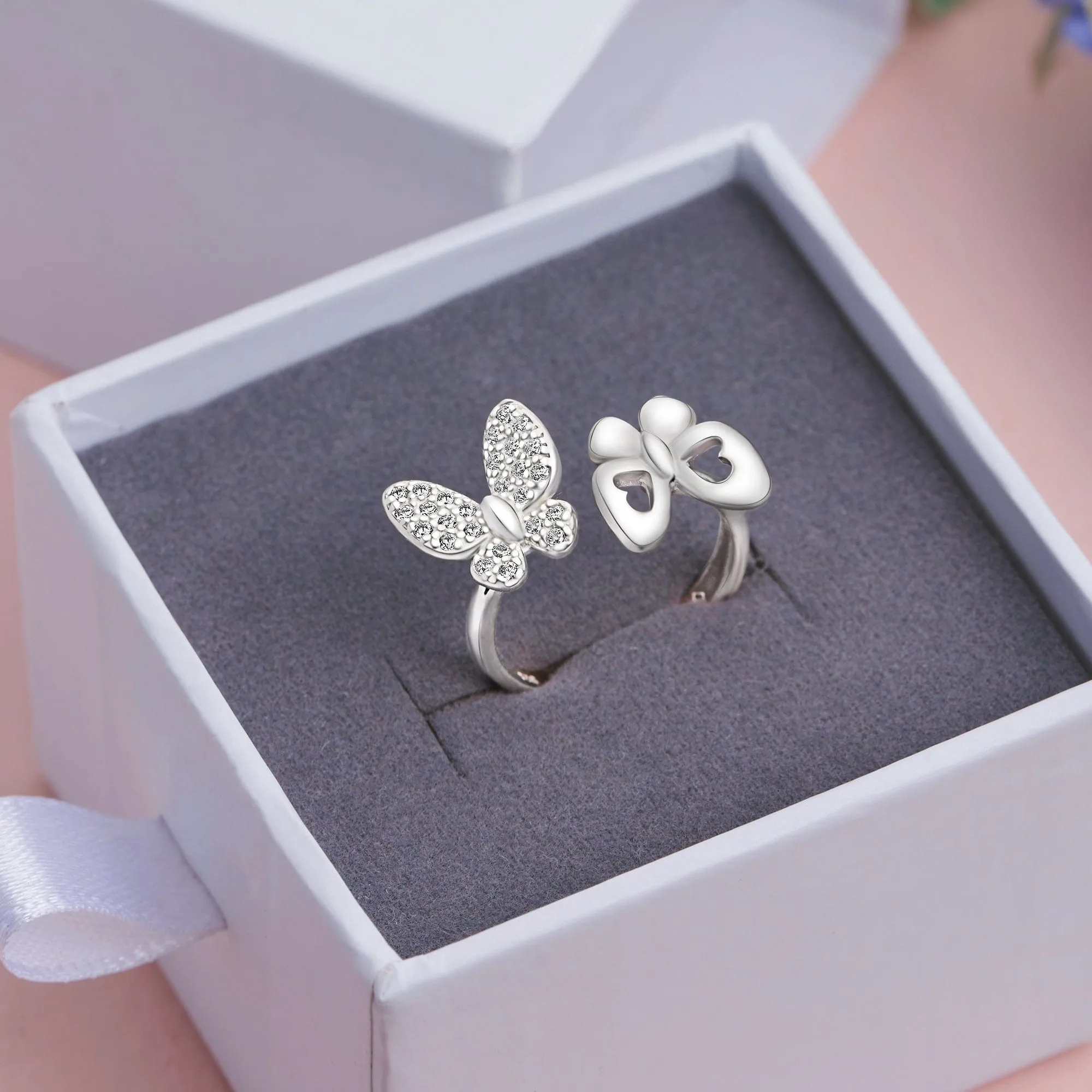 CZ Double Butterfly Ring Silver Adjustable