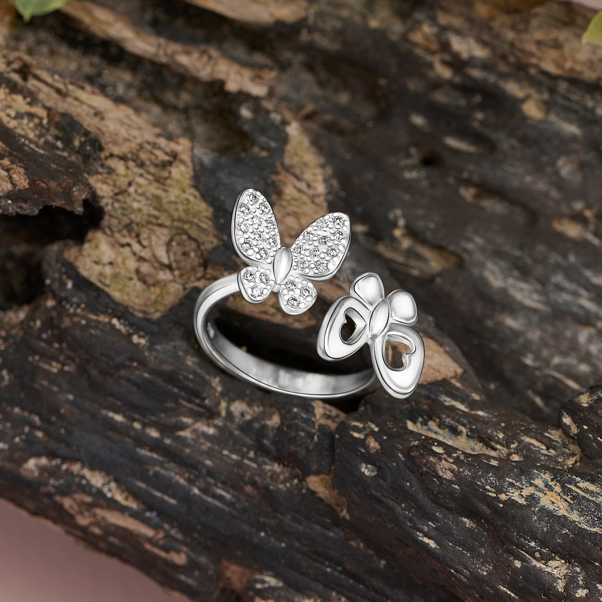 CZ Double Butterfly Ring Silver Adjustable