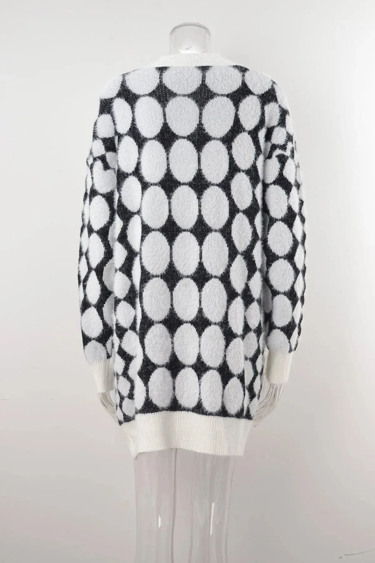 Lantern Sleeve Polka Dot Fluffy Sweater Cardigan