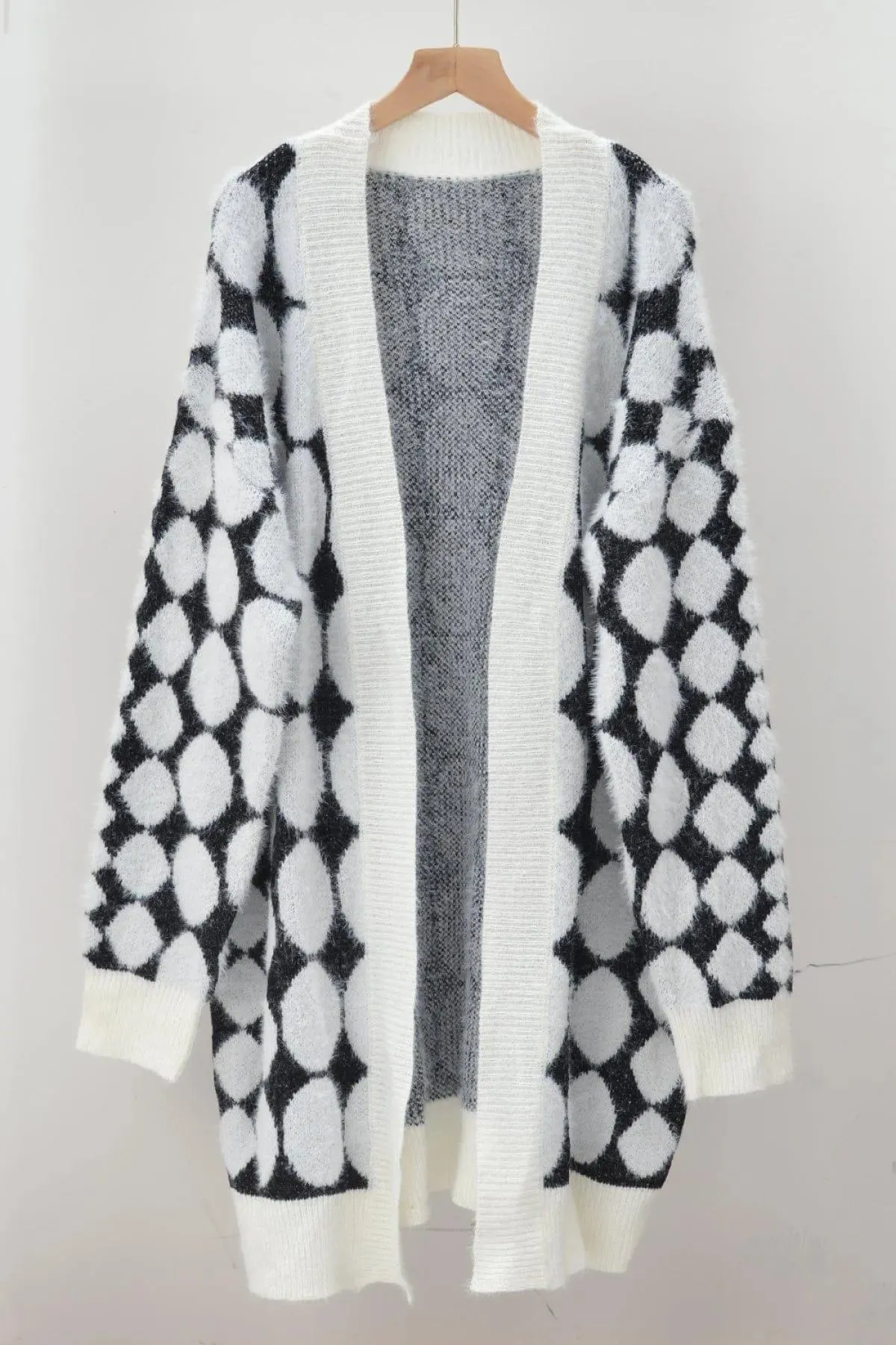 Lantern Sleeve Polka Dot Fluffy Sweater Cardigan