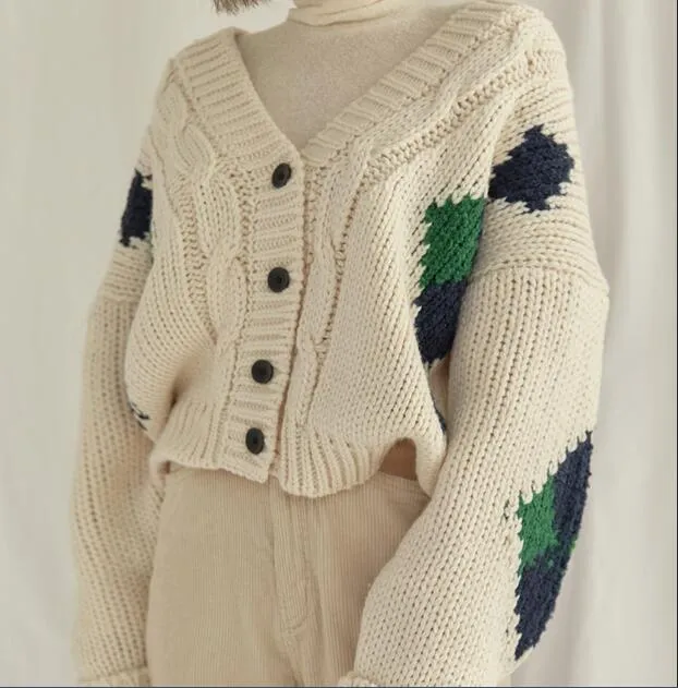 Loose diamond contrast color Knitting cardigan Sweater coat    S2794