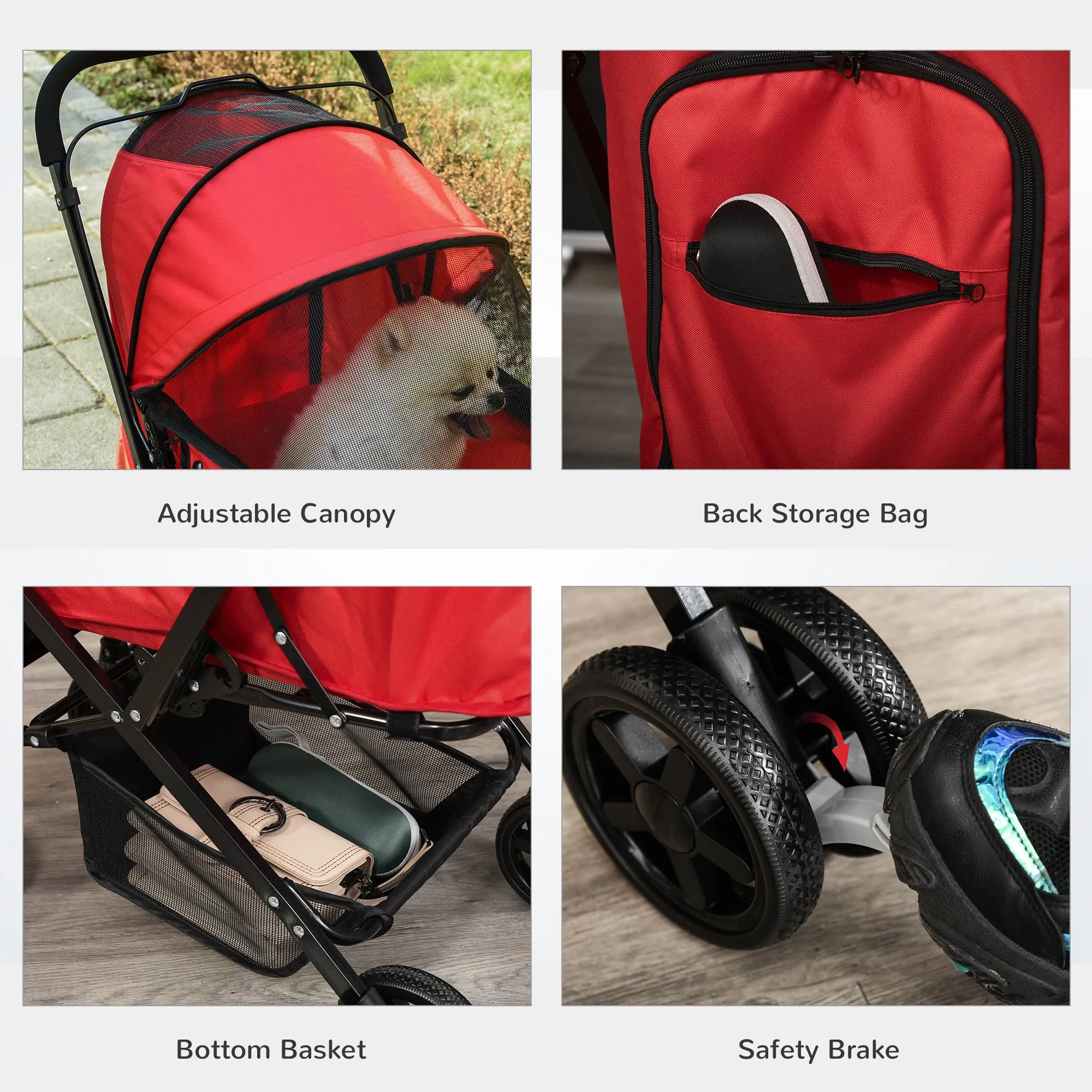 Pet Stroller Dog Cat Travel Pushchair Foldable Jogger with Reversible Handle EVA Wheel Brake Basket Adjustable Canopy Safety Leash for Small Dogs, Red