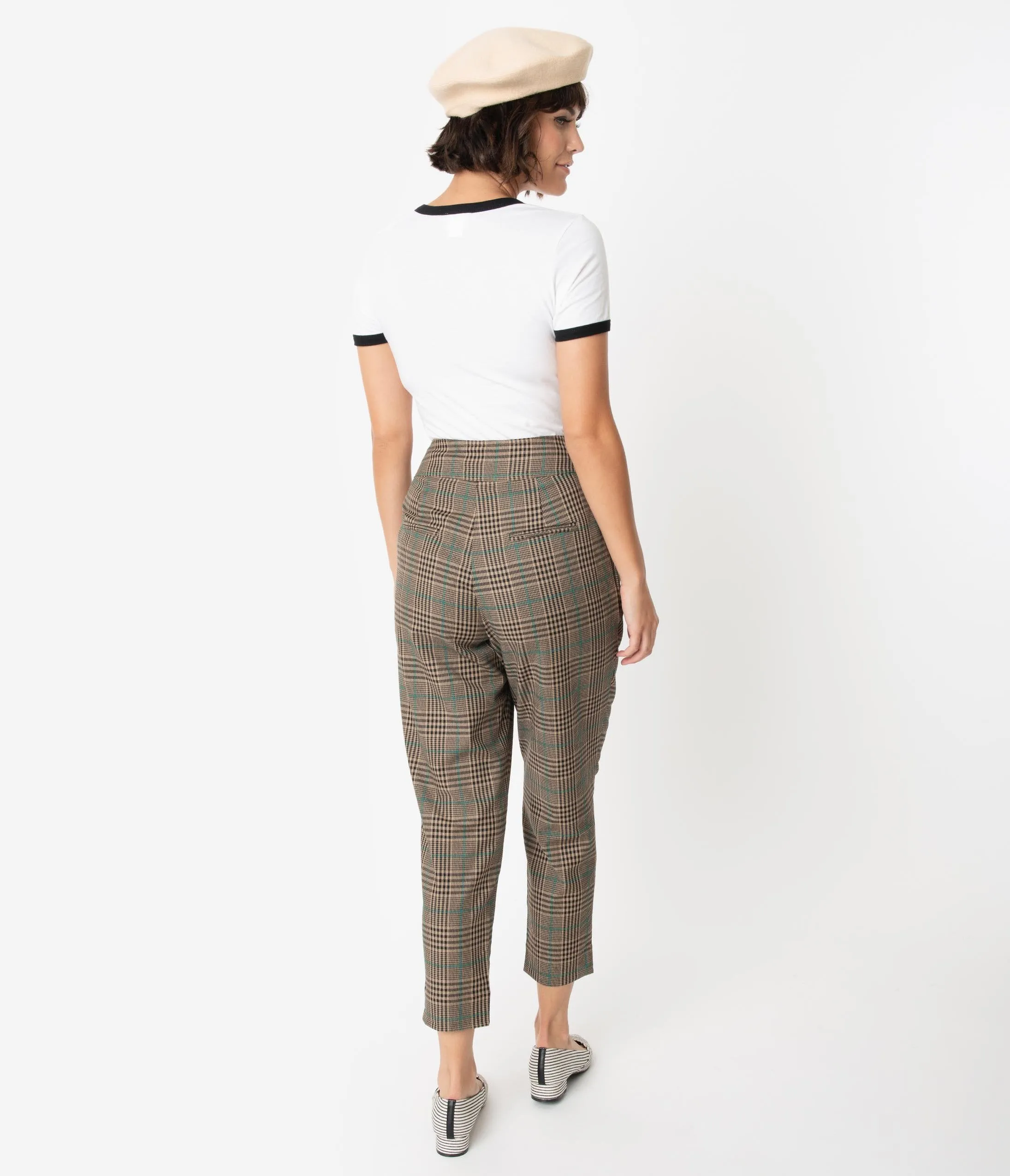 Retro Style Tan Plaid High Waist Capri Pants