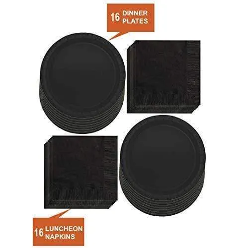 Solid Black Paper Dinner Plates and Luncheon Napkins, Black Party Supplies and Table Decorations (Serves 16)