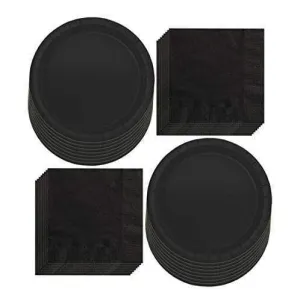 Solid Black Paper Dinner Plates and Luncheon Napkins, Black Party Supplies and Table Decorations (Serves 16)