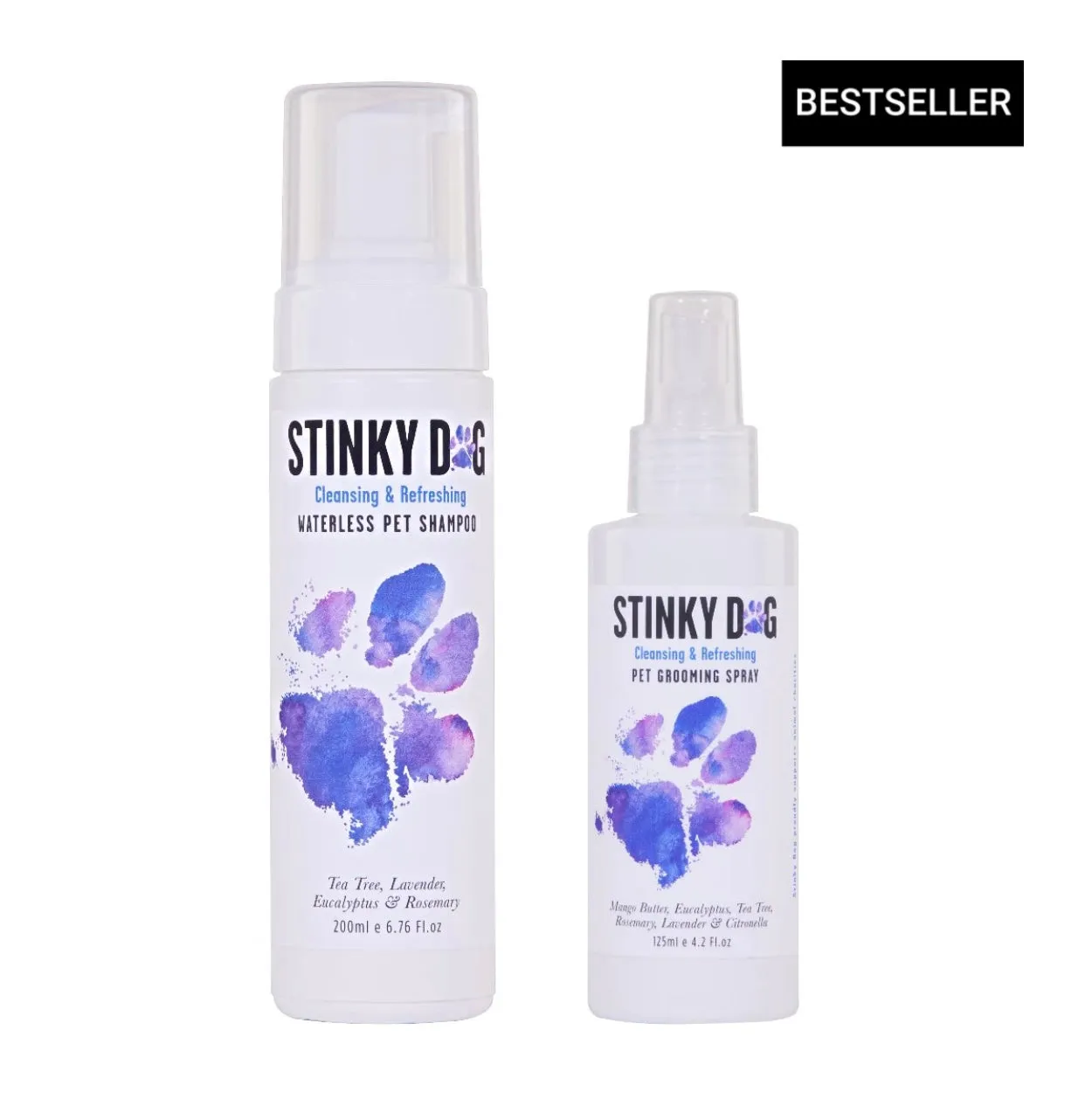 STINKYDOG Value Pack - Cleansing & Refreshing WATERLESS Pet Shampoo 200ml  & Grooming Spray 125ml