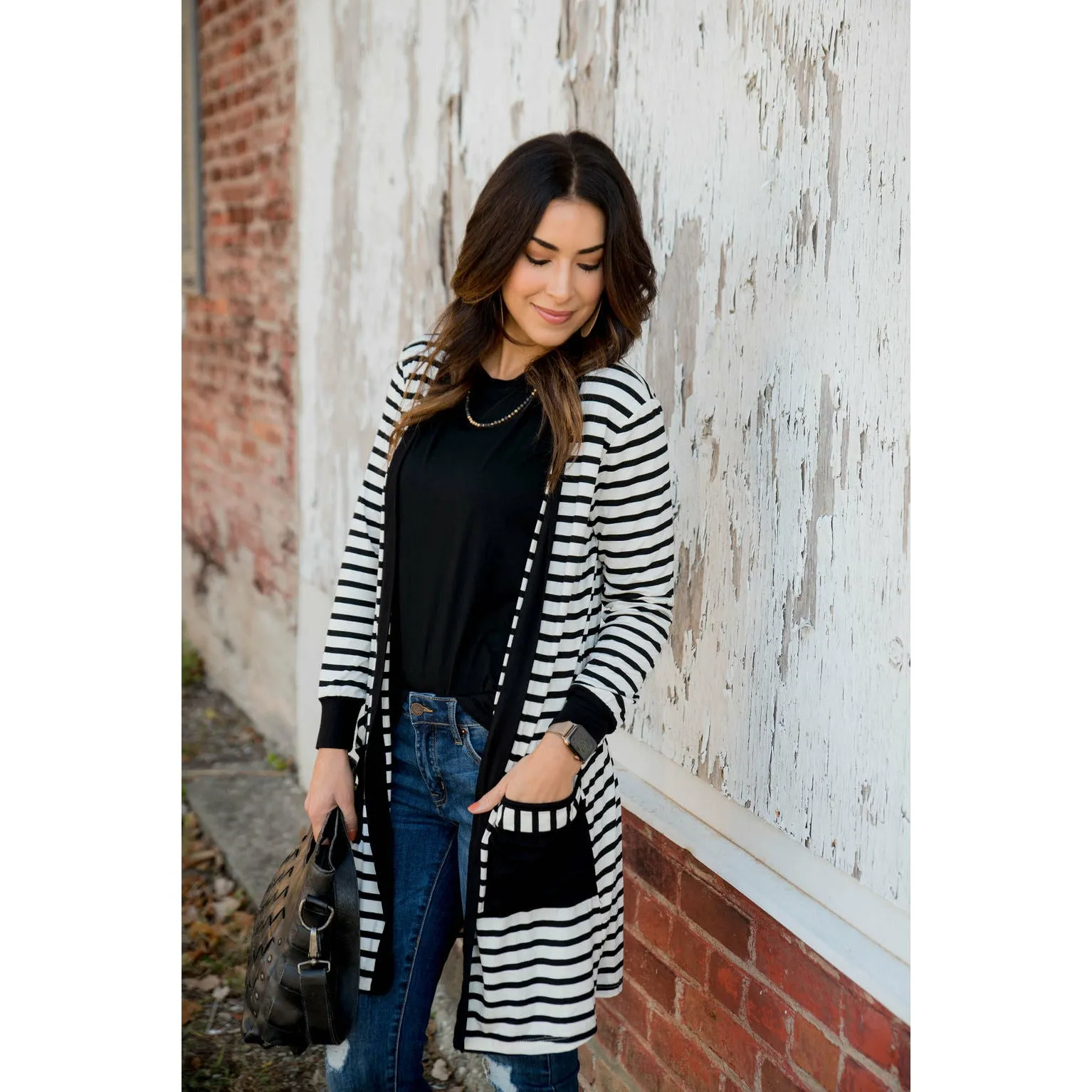 Striped Pocket Accent Cardigan