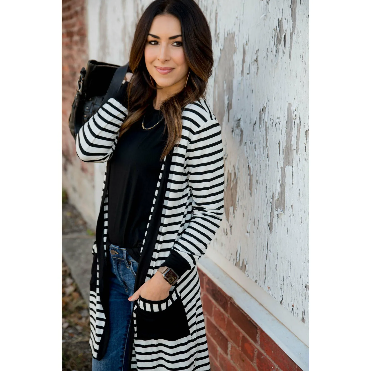 Striped Pocket Accent Cardigan