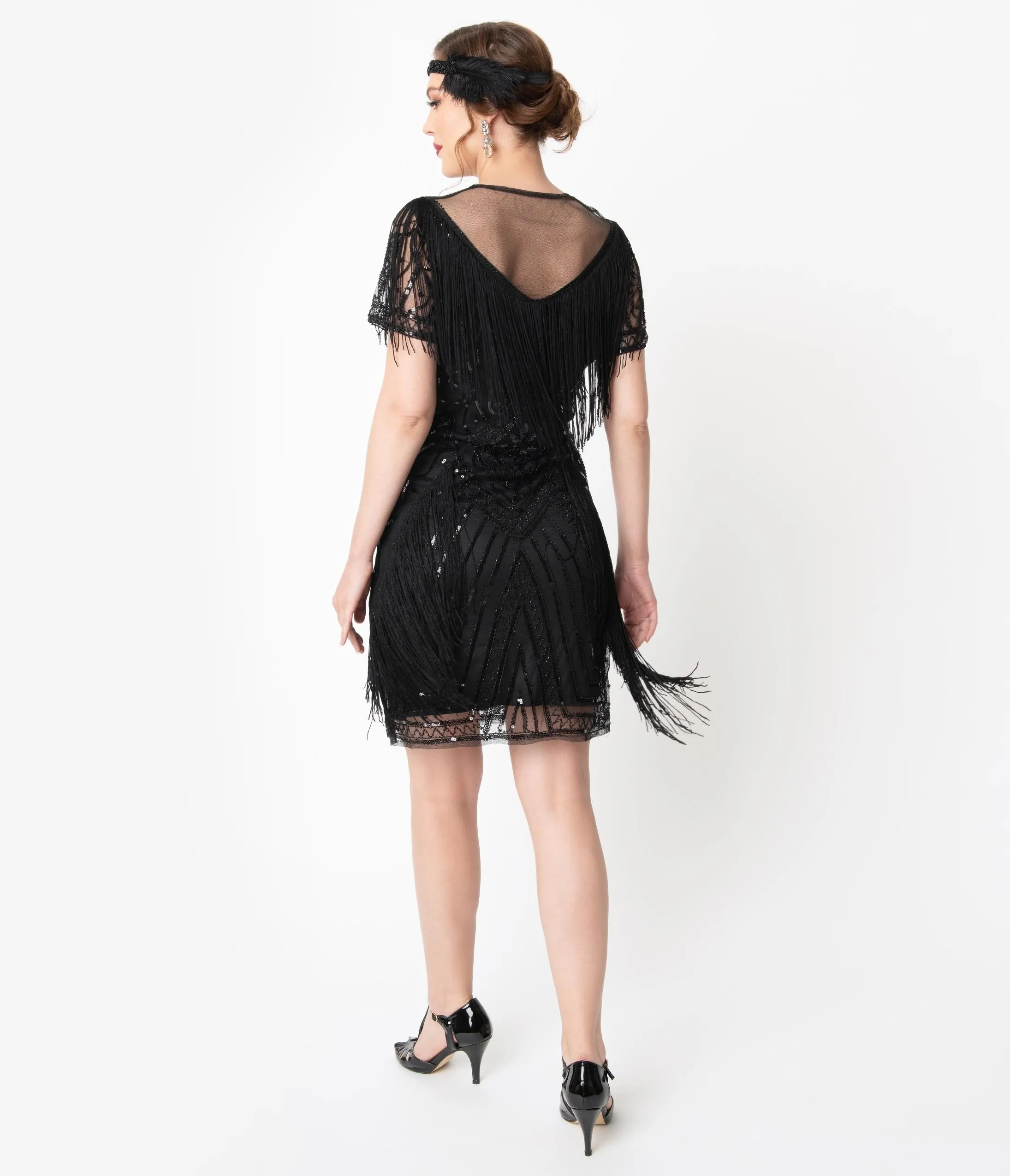 Unique Vintage Black Beaded Sleeve Fringe Le Havre Cocktail Flapper Dress