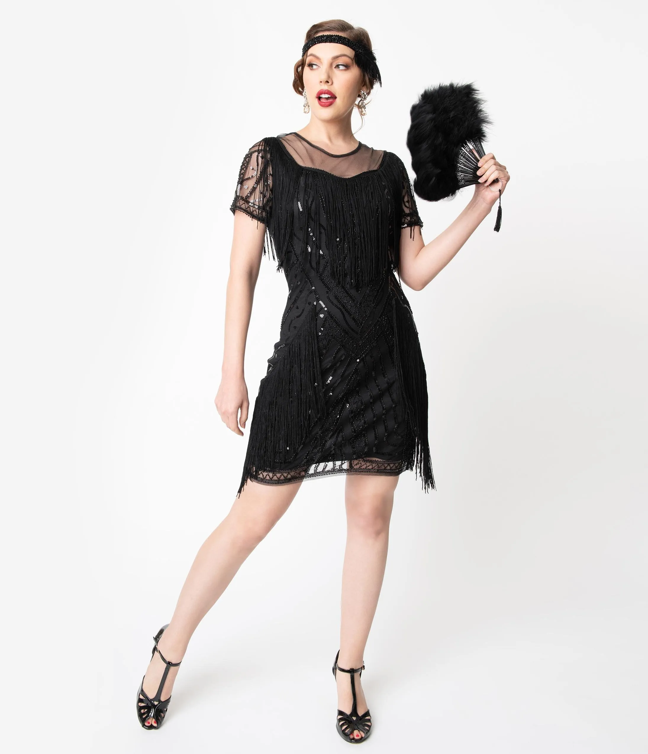 Unique Vintage Black Beaded Sleeve Fringe Le Havre Cocktail Flapper Dress