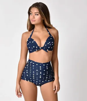 Unique Vintage Navy & Cream Polka Dot Monroe Bikini Top