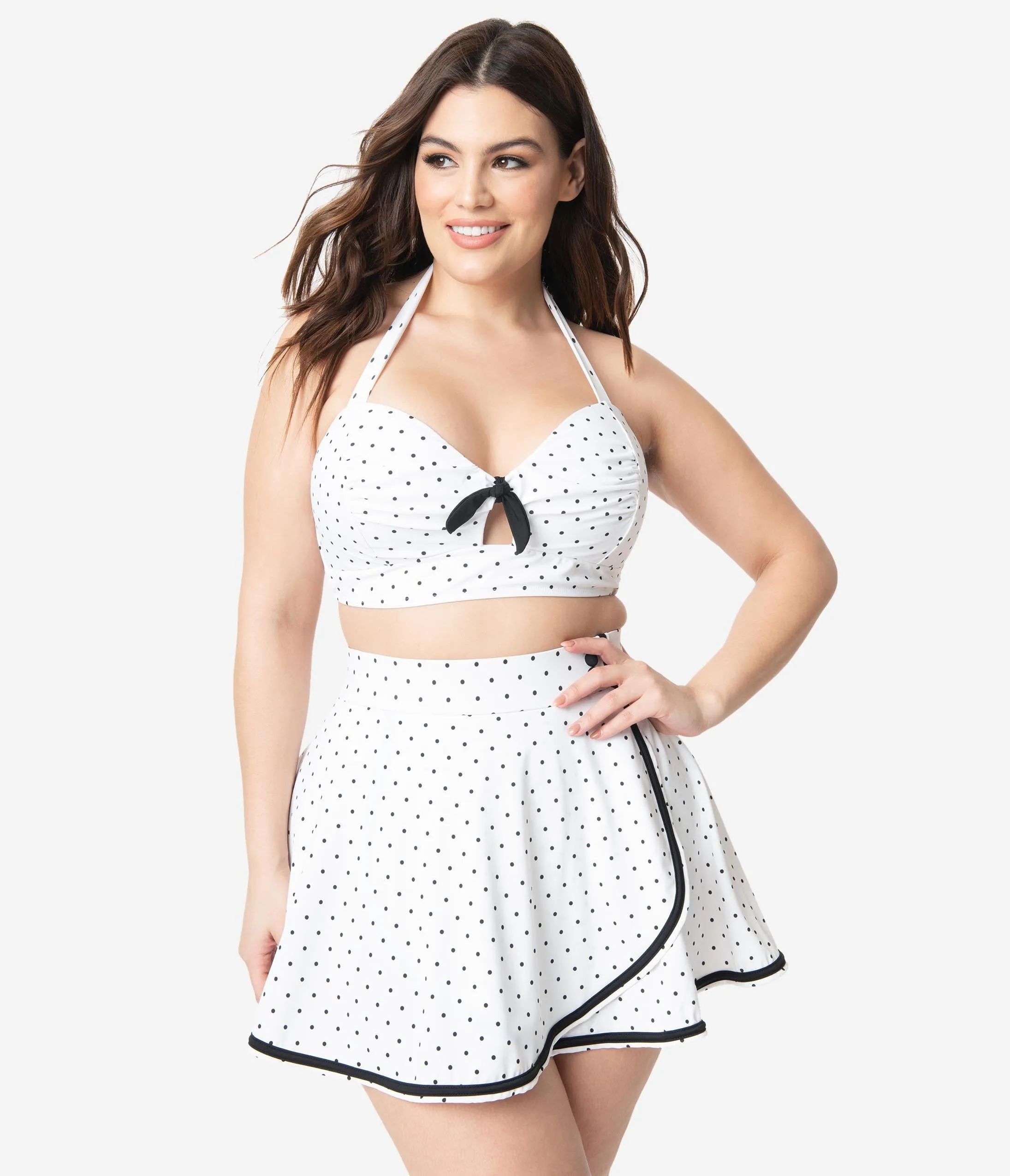 Unique Vintage Plus Size 1950s Mrs. West White & Black Pin Dot Halter Swim Top