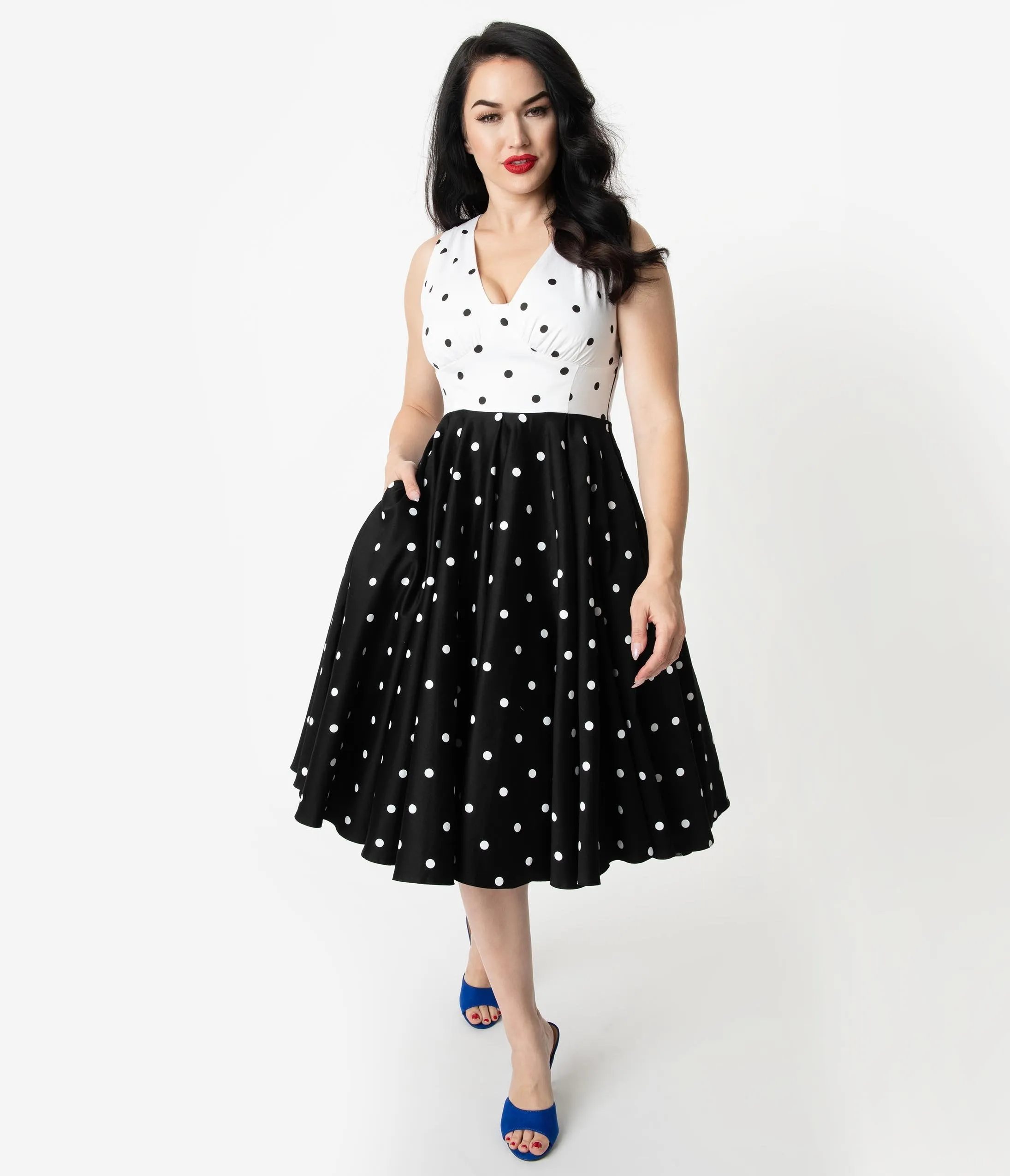 Vintage Diva 1950s Style Black & White Polka Dot Print Esme Swing Dress